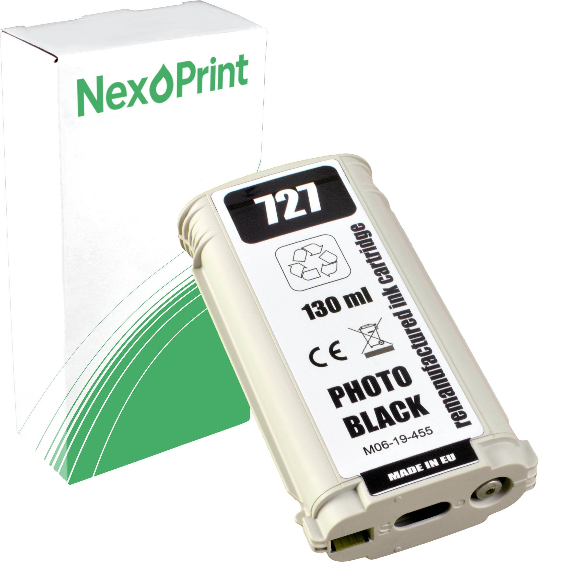 NexøPrint' Tintenpatrone in Schwarz, mit Aufschrift '721 Foto Schwarz, 130 ml, Remanufakturiert, Hergestellt in der EU', neben der Produktverpackung.