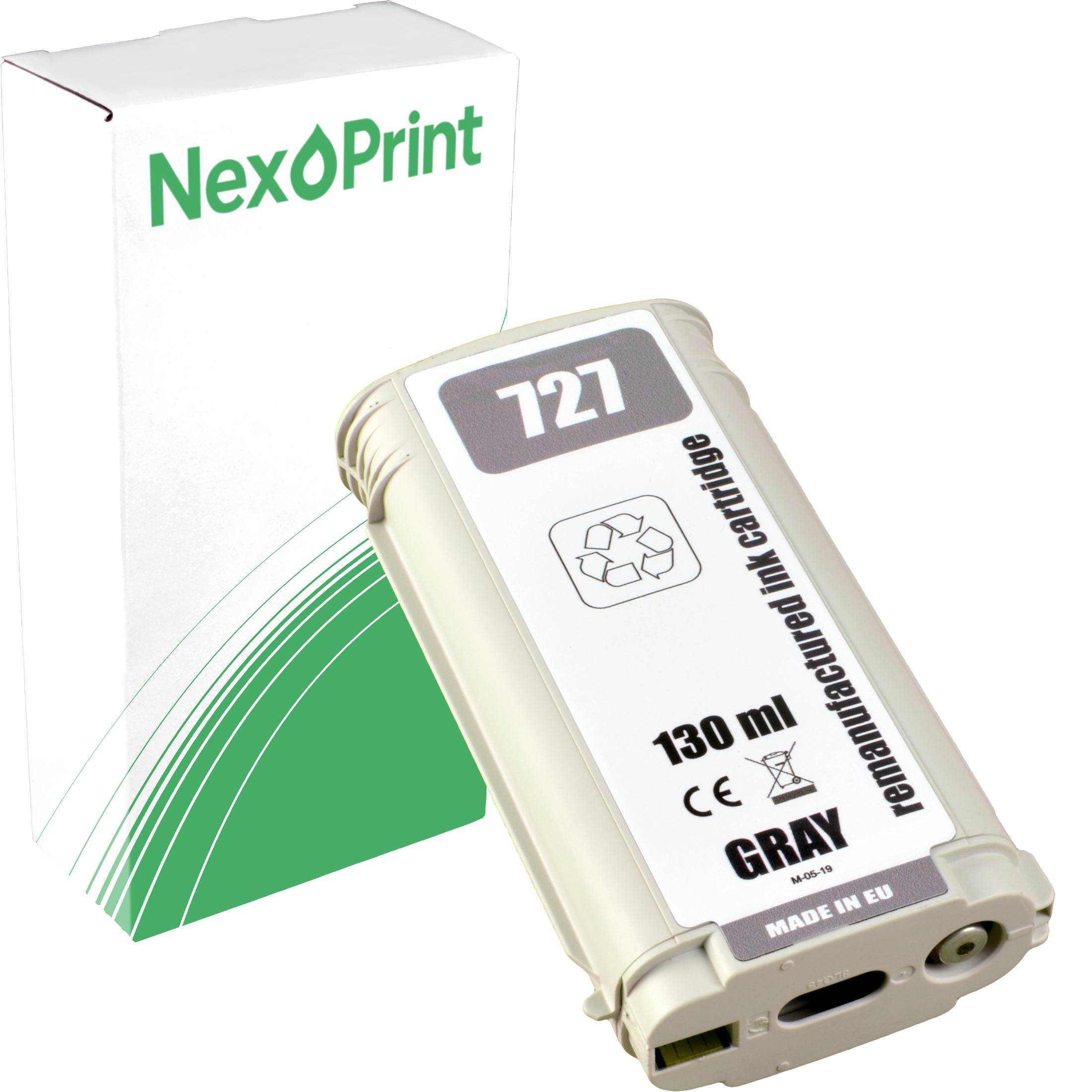 Regenerierte Tintenpatrone, 130 ml, grau, mit der Bezeichnung 727, hergestellt in der EU.' Neben einer NexPrint-Verpackung platziert.