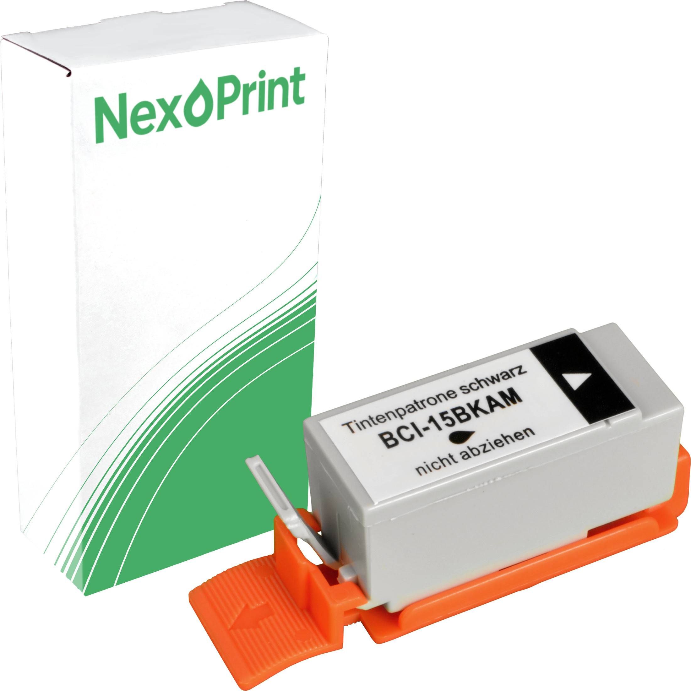 BCI-15BKAM Tintenpatrone von NexPrint mit orangefarbenem Zuglasche, neben einer weißen und grünen Markenschachtel.