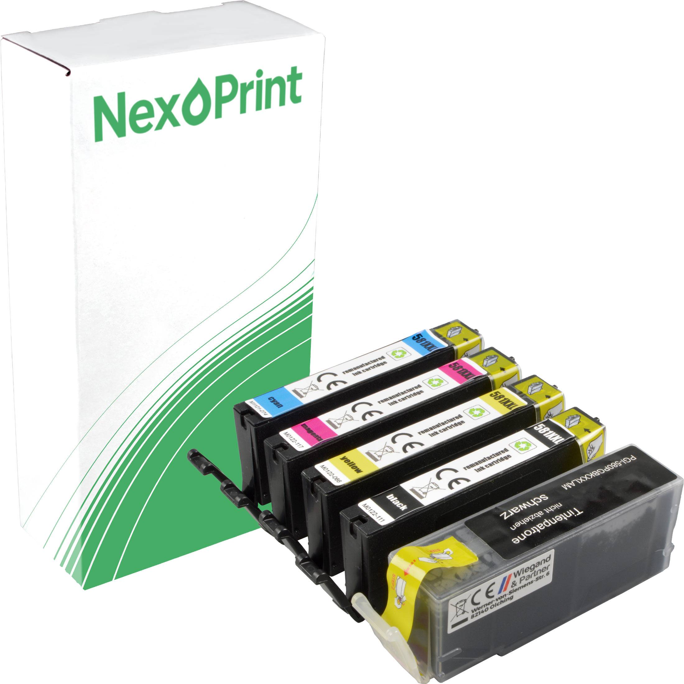 NexPrint-Tintenpatronensatz mit Cyan-, Magenta-, Gelb- und Schwarzpatronen neben weißer und grüner Verpackung.