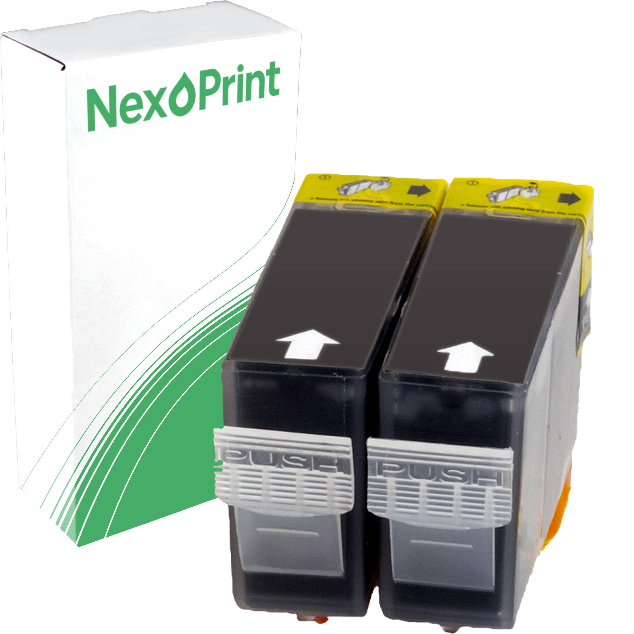 Zwei schwarze Druckertintenpatronen neben einer weißen NexPrint-Schachtel mit grünen Akzenten.