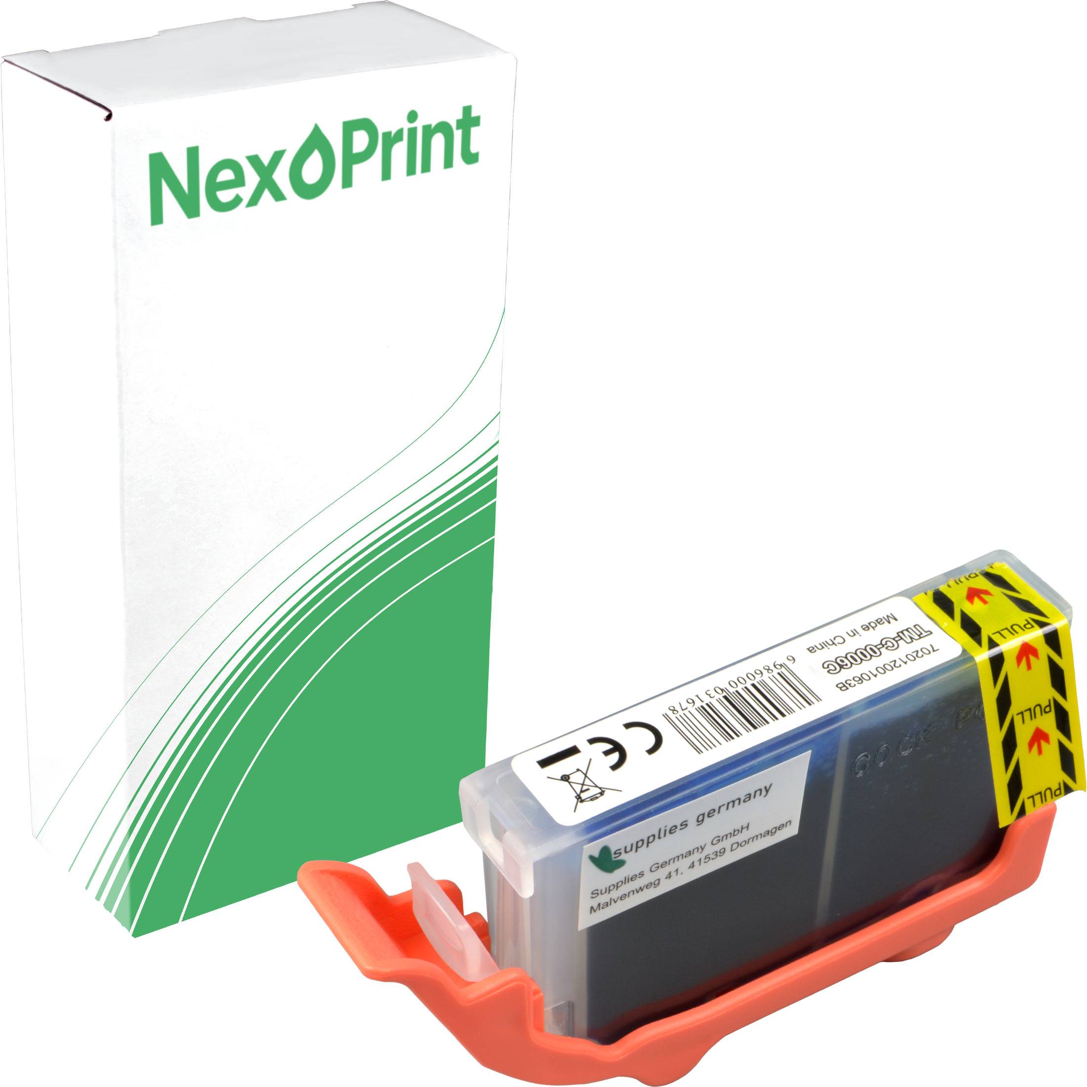 NexPrint' Tintenpatrone in einer Kartonschachtel mit einer Tintenpatrone, die in einem orangefarbenen Halter präsentiert wird. Die Patrone ist beschriftet und enthält Kapazitätsmarkierungen.