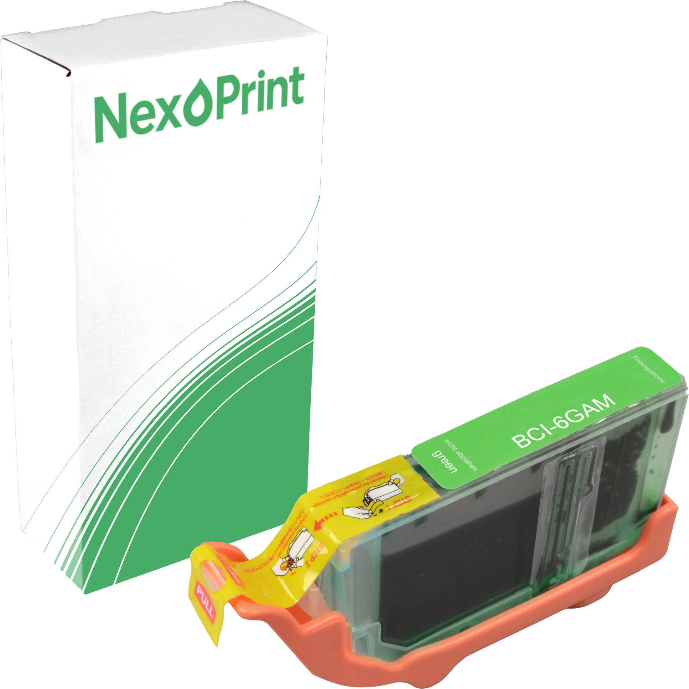 Eine Tintenkassette der Marke 'NexPrint' in grüner Verpackung, gekennzeichnet mit 'BCLI-6GAM'. Die Schachtel zeigt die Produktmarke und ein grünes Wellendesign.