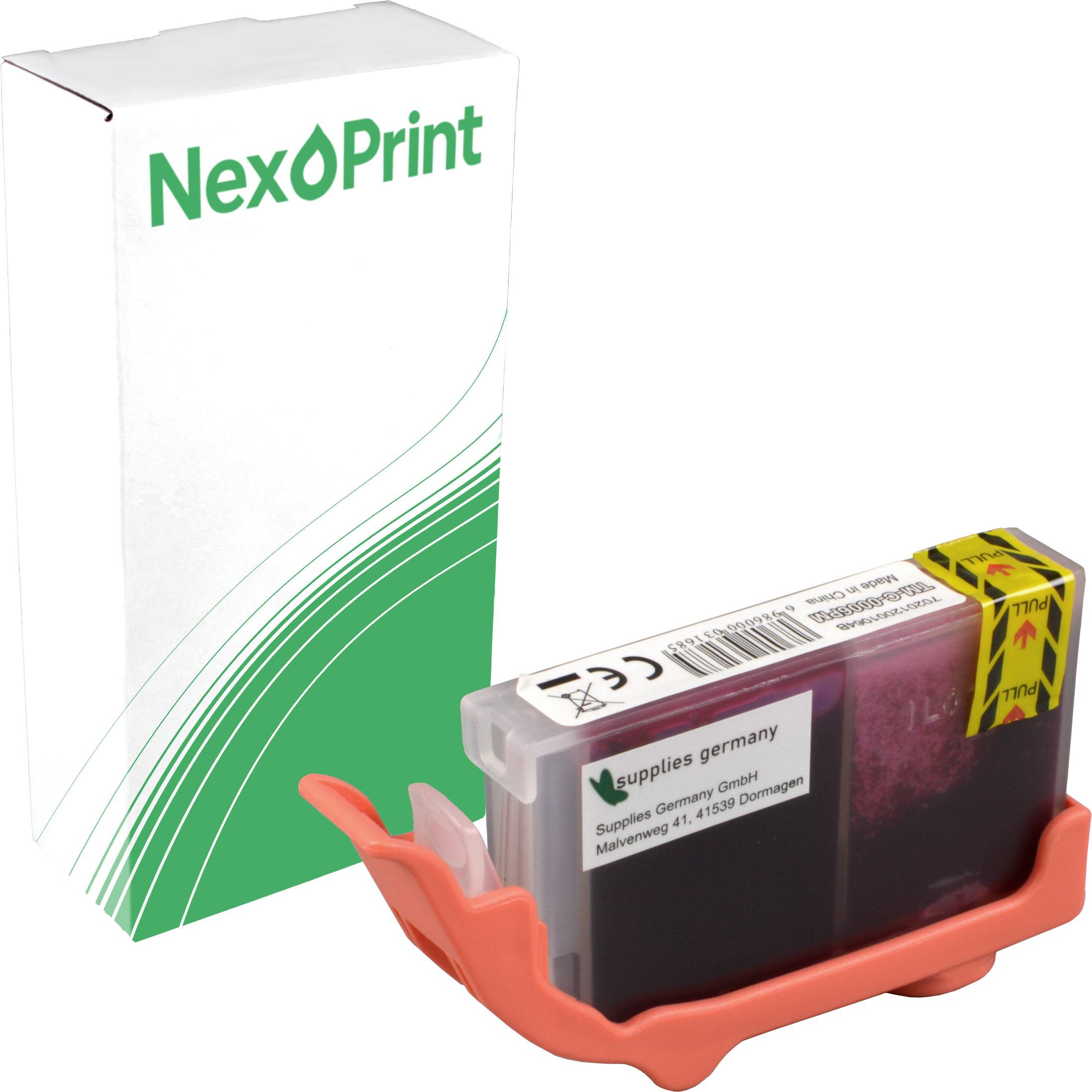 Eine NexPrint-Tintenpatrone in einem orangefarbenen Halter, neben ihrer Verpackung. Die Verpackung zeigt das grüne NexPrint-Logo auf weißem Hintergrund.