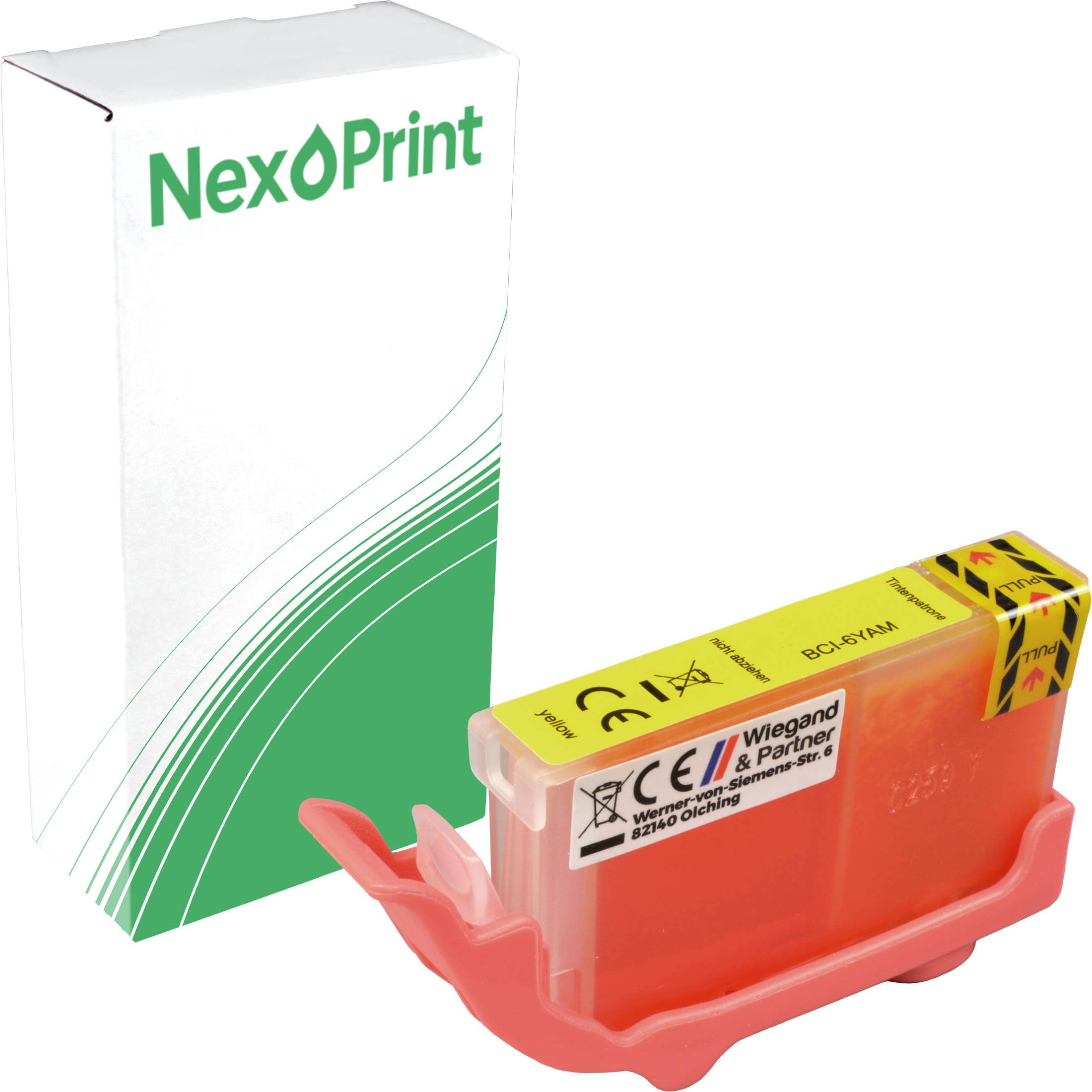 Karton mit der Aufschrift NexPrint mit einer kompatiblen orangefarbenen Tintenpatrone, die mit 'Wiegand & Partner' gekennzeichnet ist.