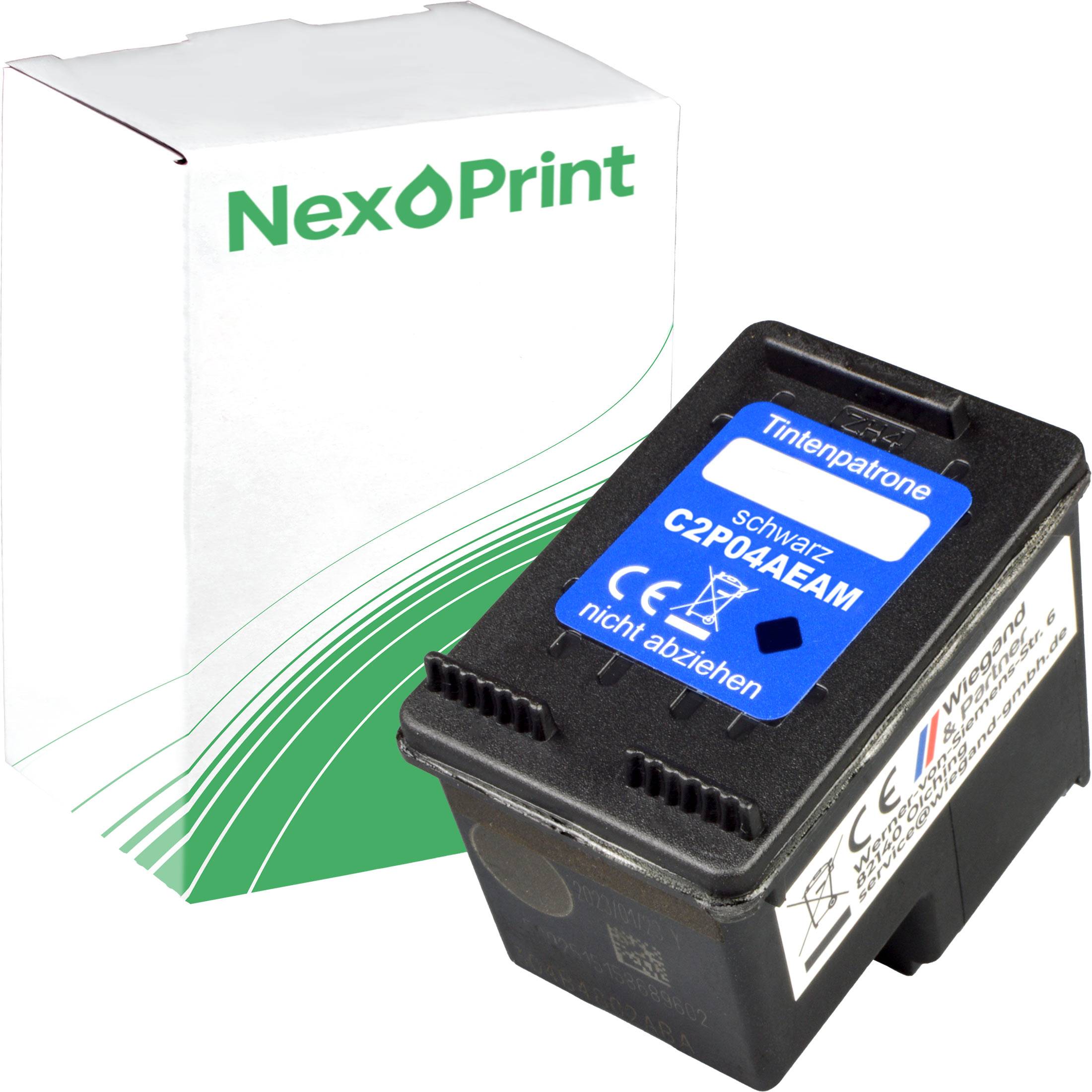Druckerpatrone (schwarz) mit der Bezeichnung 'C2P04AEAM', in Verpackung mit dem Aufdruck 'NexPrint', auf weißem Hintergrund positioniert.
