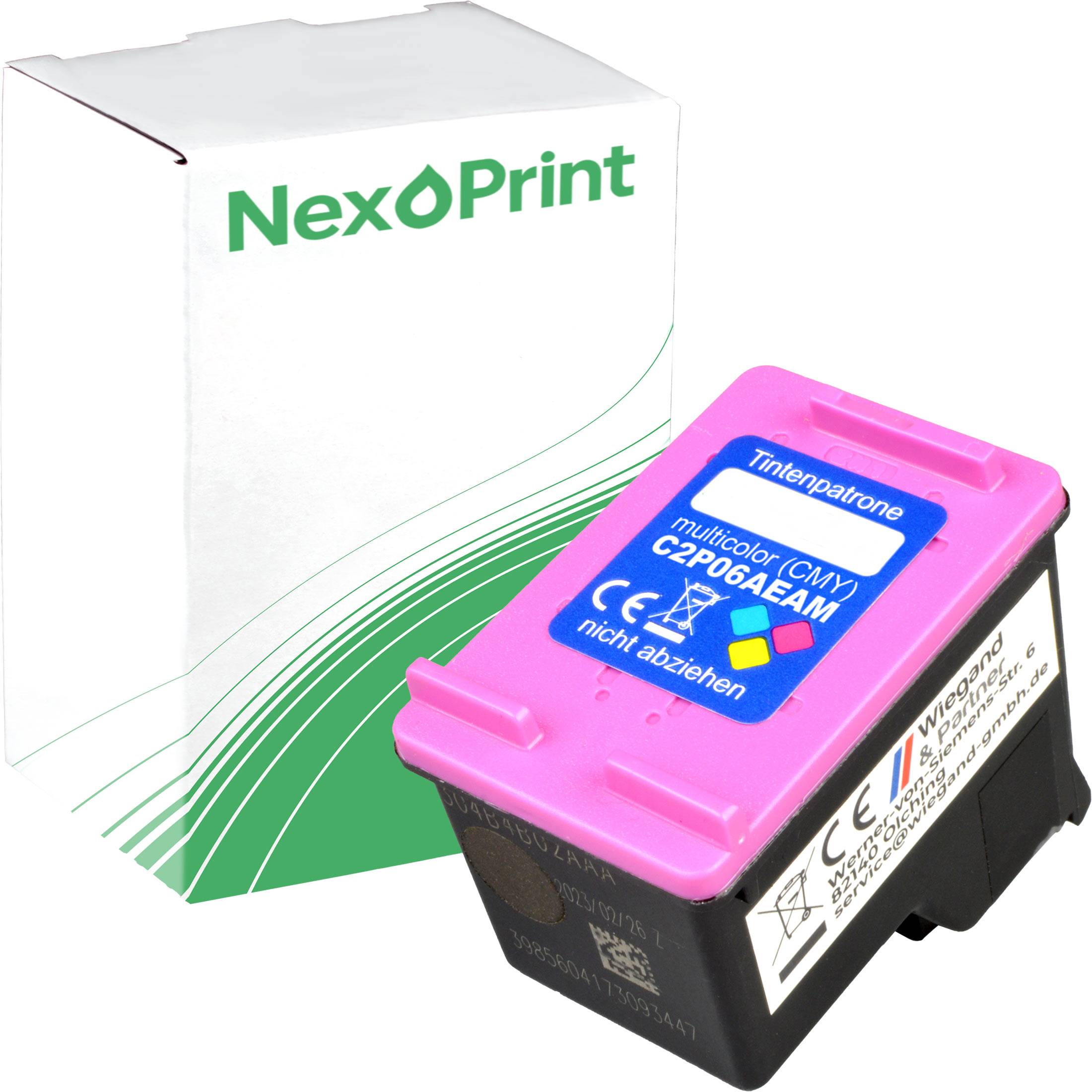 Pinke Tintenpatrone für NexPrint-Drucker mit Verpackung. Modell C2P06AE#AM als 'Trinkpatrone' gekennzeichnet und mit 'nicht abziehen' markiert.