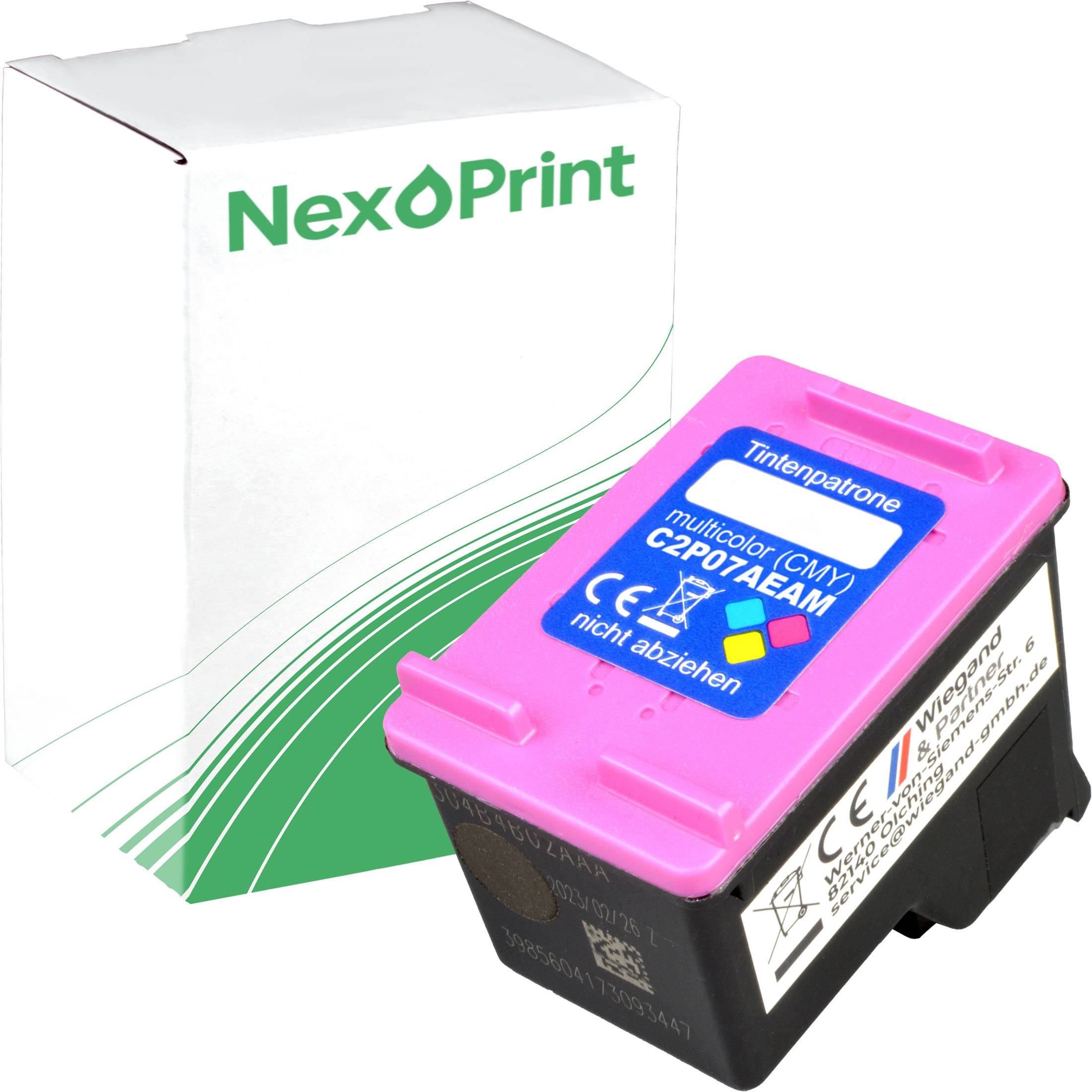 Rosa Tintenpatrone mit Markenetikett 'NexPrint', neben einer Schachtel mit dem gleichen Markennamen platziert. Der Text auf der Patrone hebt die Mehrfarbigkeit/CMY-Kompatibilität hervor.