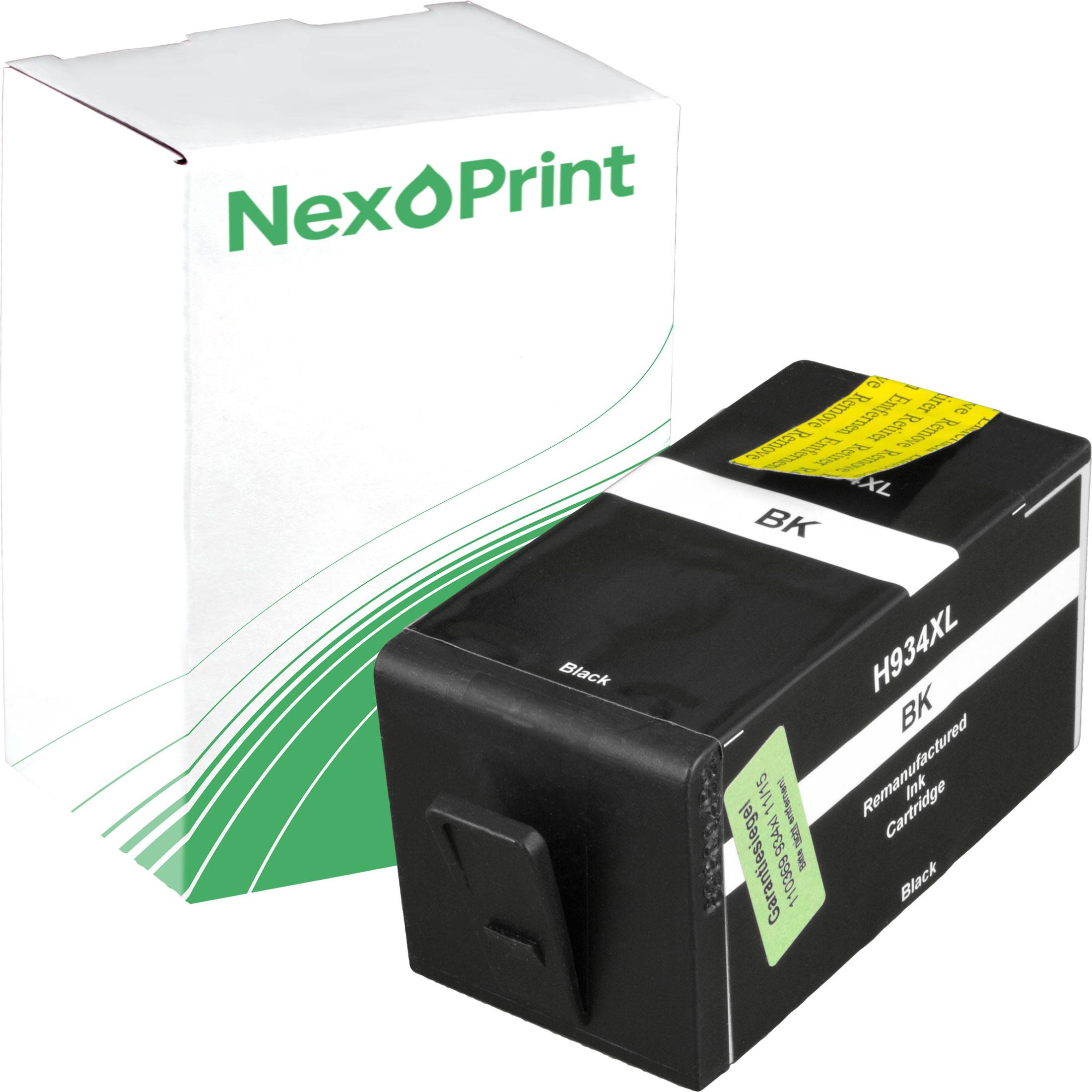 Ein mit der Marke 'NexPrint' versehener Druckerpatronen-Tintenpatrone mit der Bezeichnung H934XL BK, mit Verpackungskarton im Hintergrund.