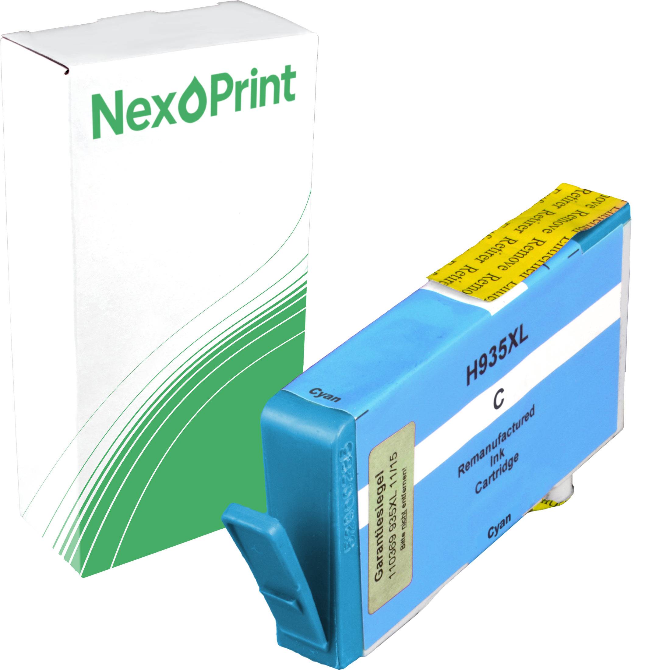 NexPrint' markierte cyan wiederbefüllte Druckerpatrone, beschriftet mit 'H935XL C', neben ihrer Verpackungsschachtel platziert.