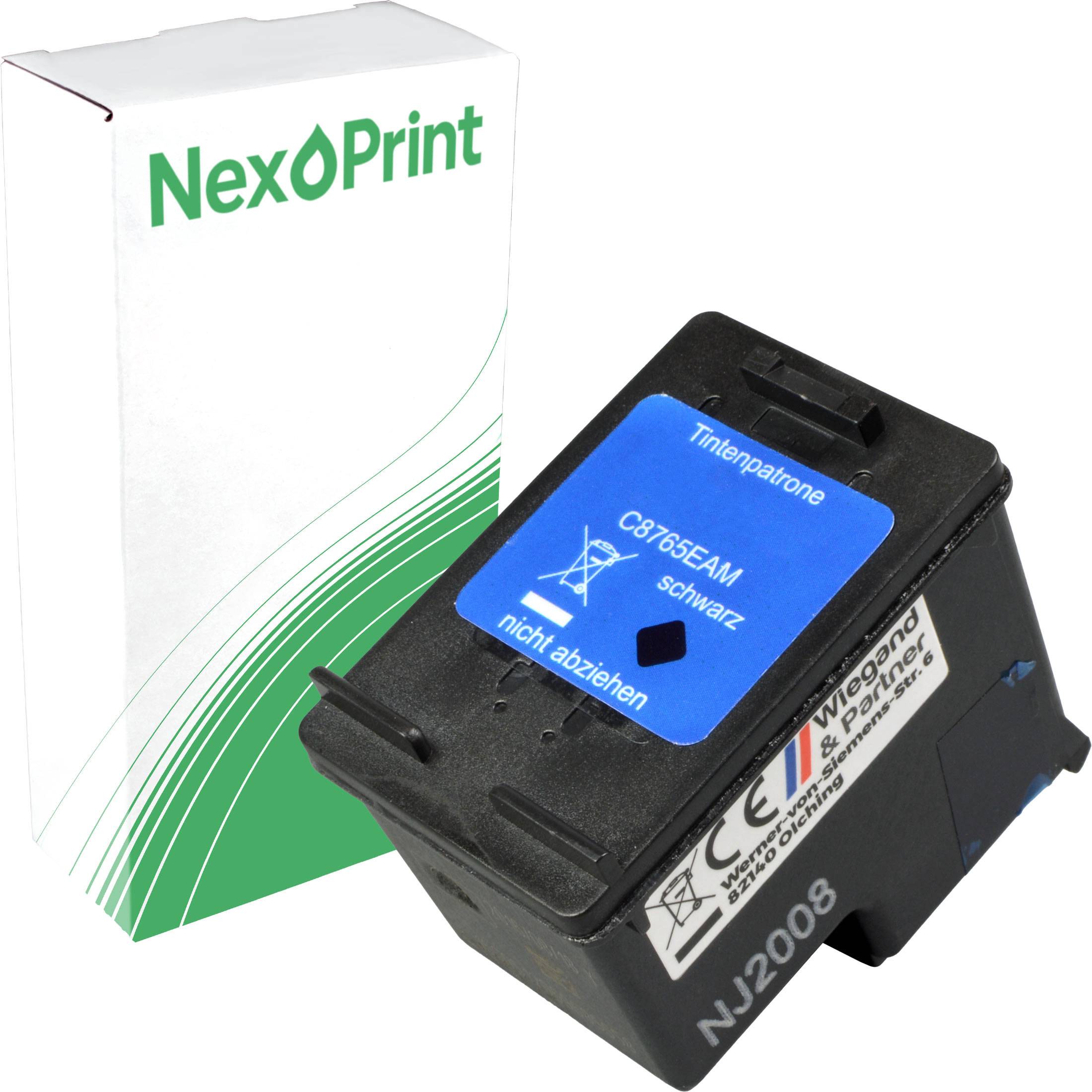 NexPrint' Tintenpatrone und Verpackung, zeigt Patronenmodell 'CF165EAM schwarz'.