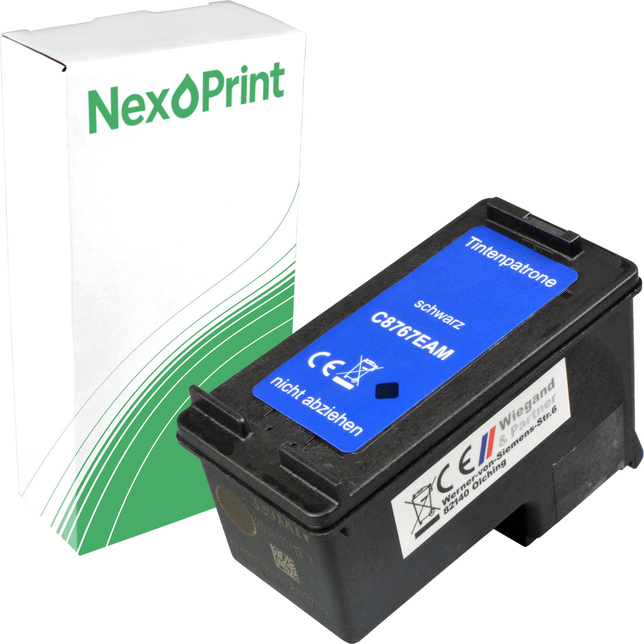 NexPrint' Tintenpatrone in Schwarz mit Verpackung links daneben. Die Patrone trägt das CE-Kennzeichen und ein Etikett, das darauf hinweist, dass sie nicht geöffnet werden soll.