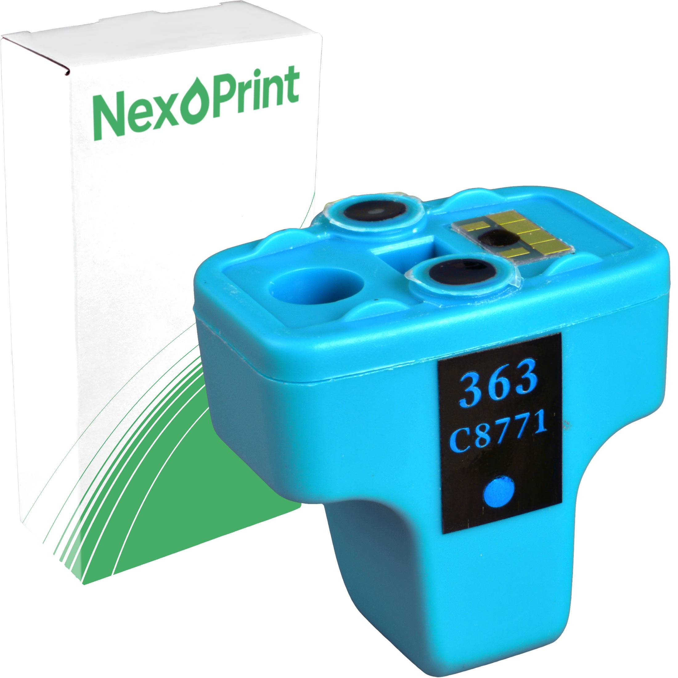 Blauer Tintenpatrone mit der Bezeichnung '363 C8771', die vor einer weißen NexPrint-Box mit einem grünen Wellendesign liegt.