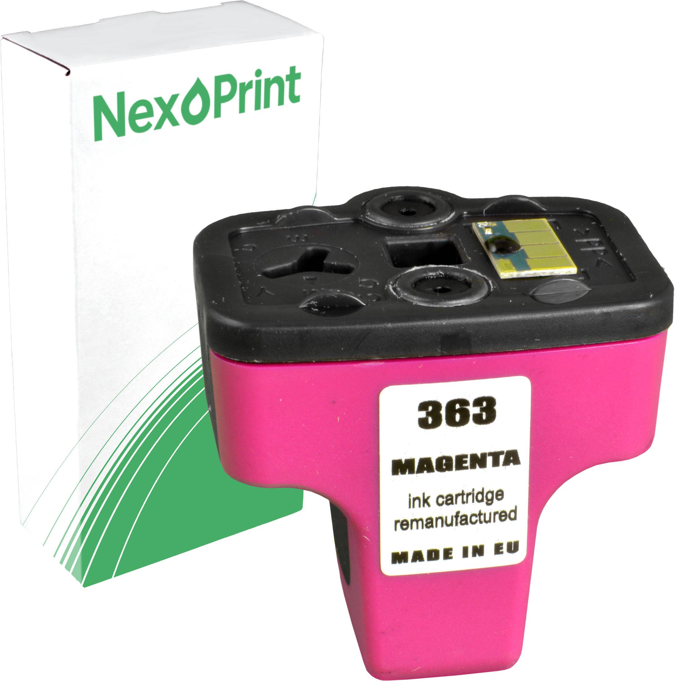 Magenta-Tintenpatrone mit der Bezeichnung '363', gekennzeichnet als Wiederaufbereitet und 'Made in EU', mit NexPrint-Verpackung im Hintergrund.
