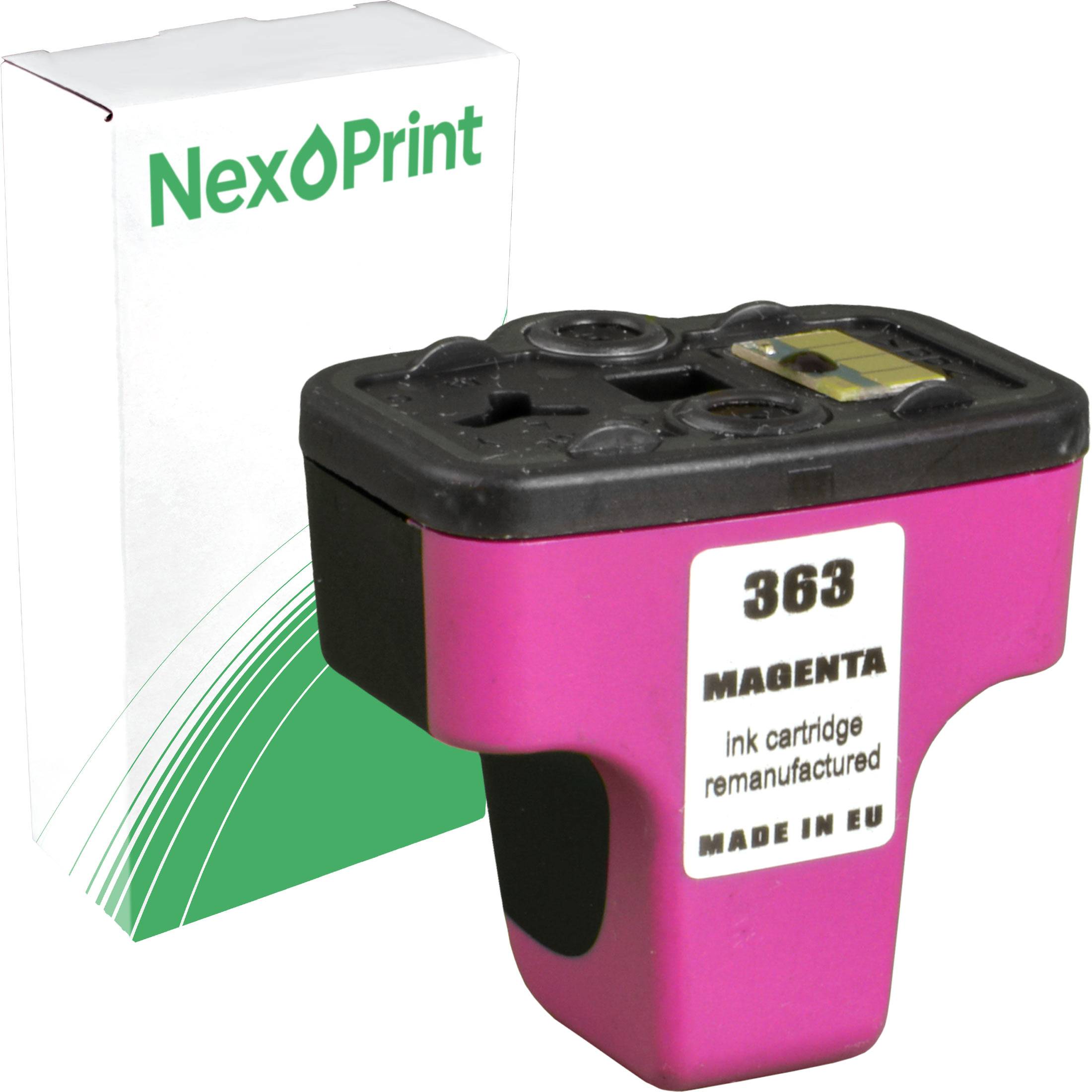 Magenta-Tintenpatrone, wiederbefüllt, Modell 363, hergestellt in der EU, neben NexPrint-Verpackung.