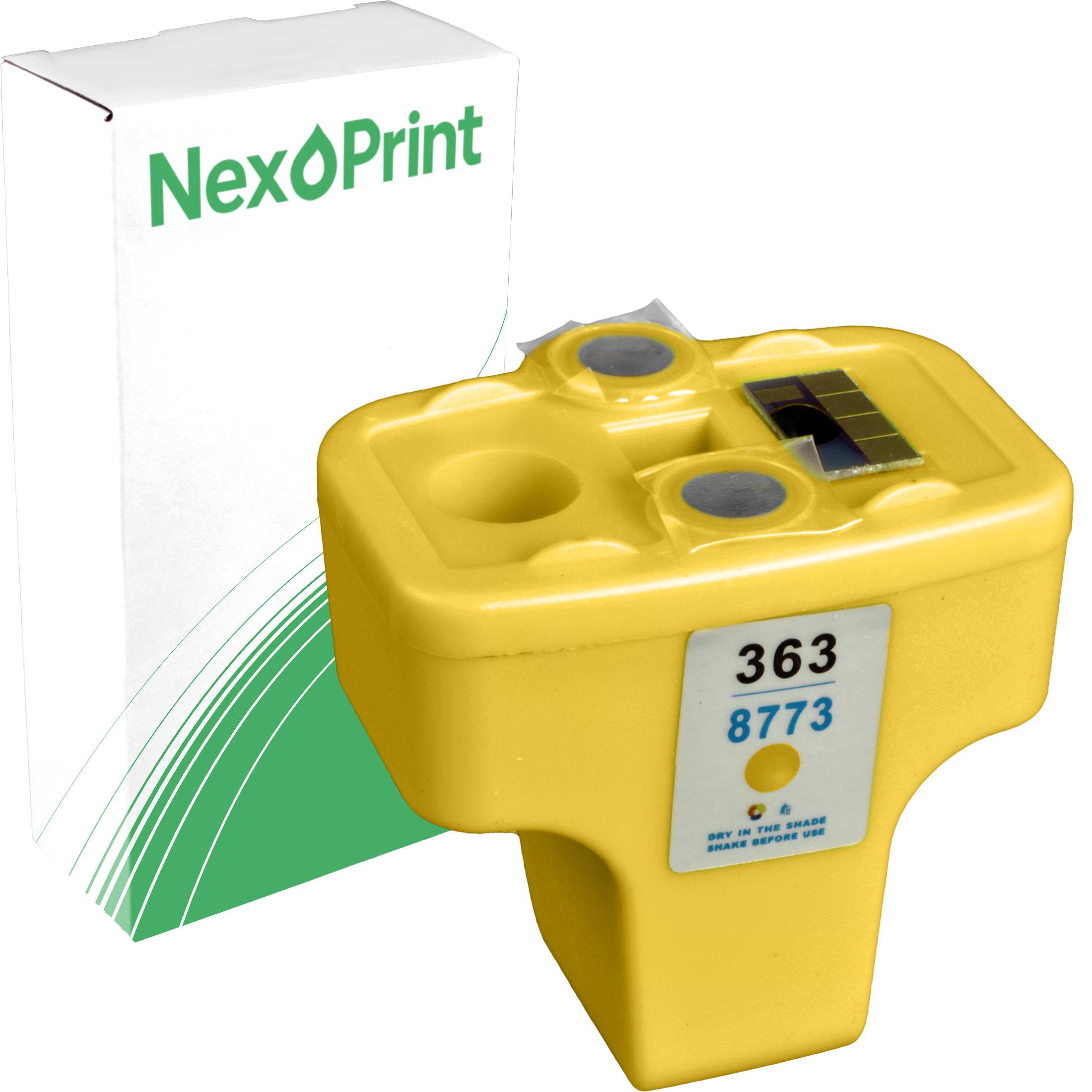 Gelbe Druckerpatrone mit der Bezeichnung '363 8773' neben einer Schachtel mit grün-weißem Design, auf der die Marke 'NexPrint' zu sehen ist.