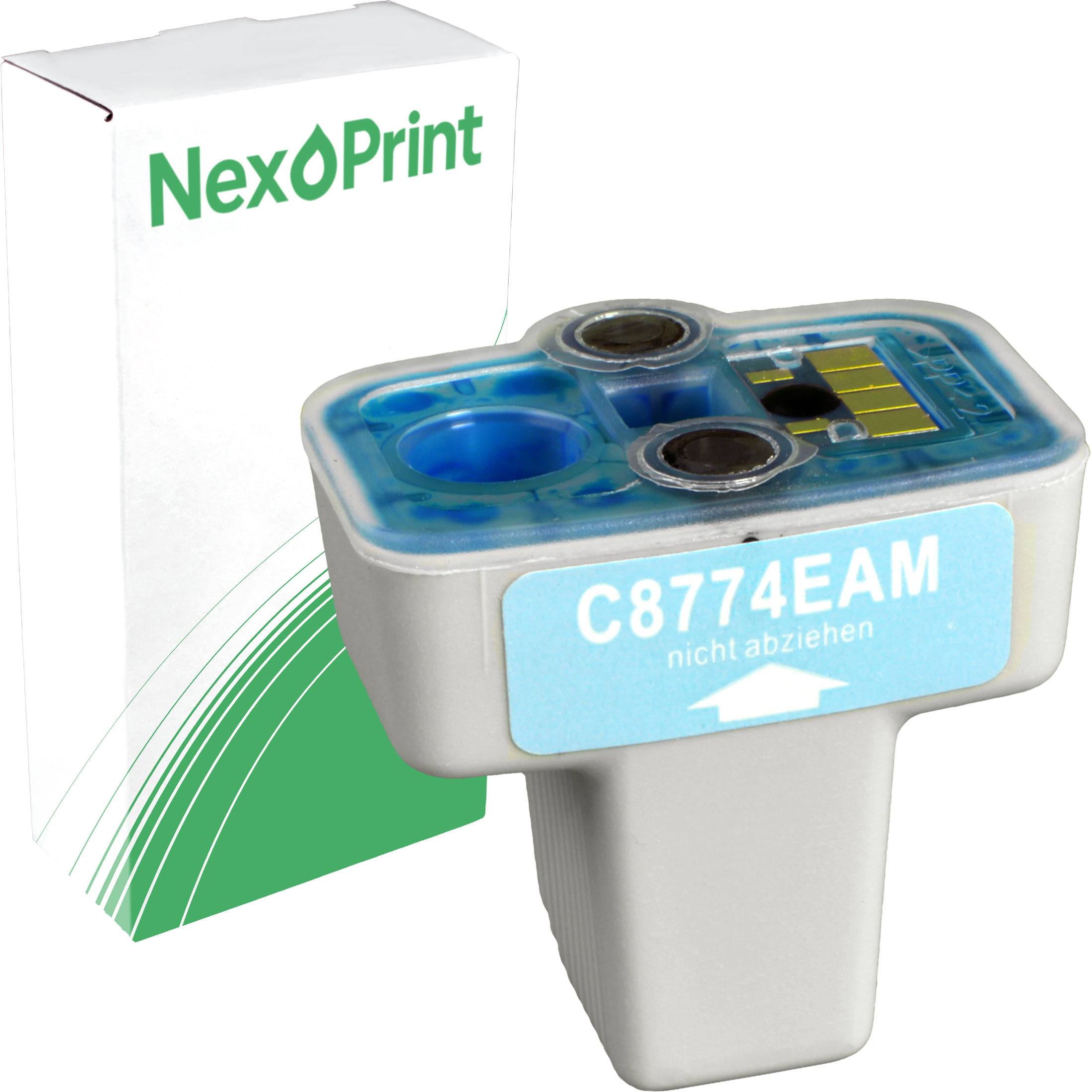 Eine Druckerpatrone mit der Bezeichnung 'C8774EAM', die vor einer Schachtel mit dem Logo 'NexoPrint' steht, die grüne und weiße Designelemente aufweist.