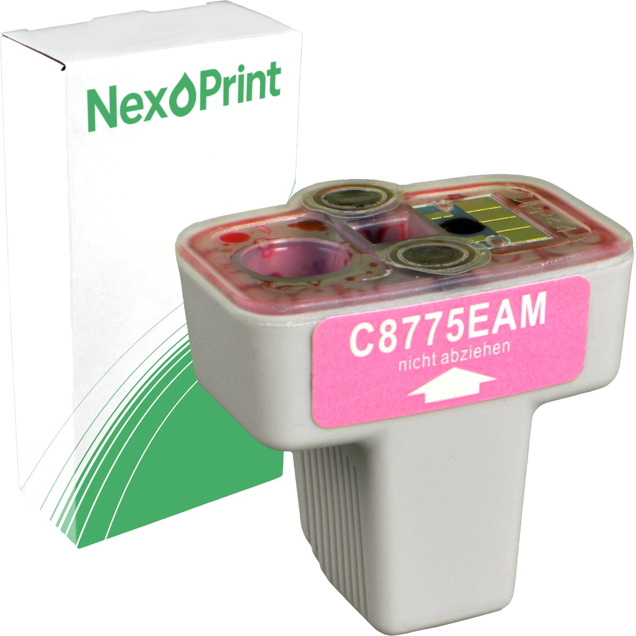 Eine Tintenpatrone mit der Bezeichnung 'C8775EAM', die rosa und grüne Elemente aufweist, ist vor einer weißen Box mit der Markenaufschrift 'NexoPrint' platziert.