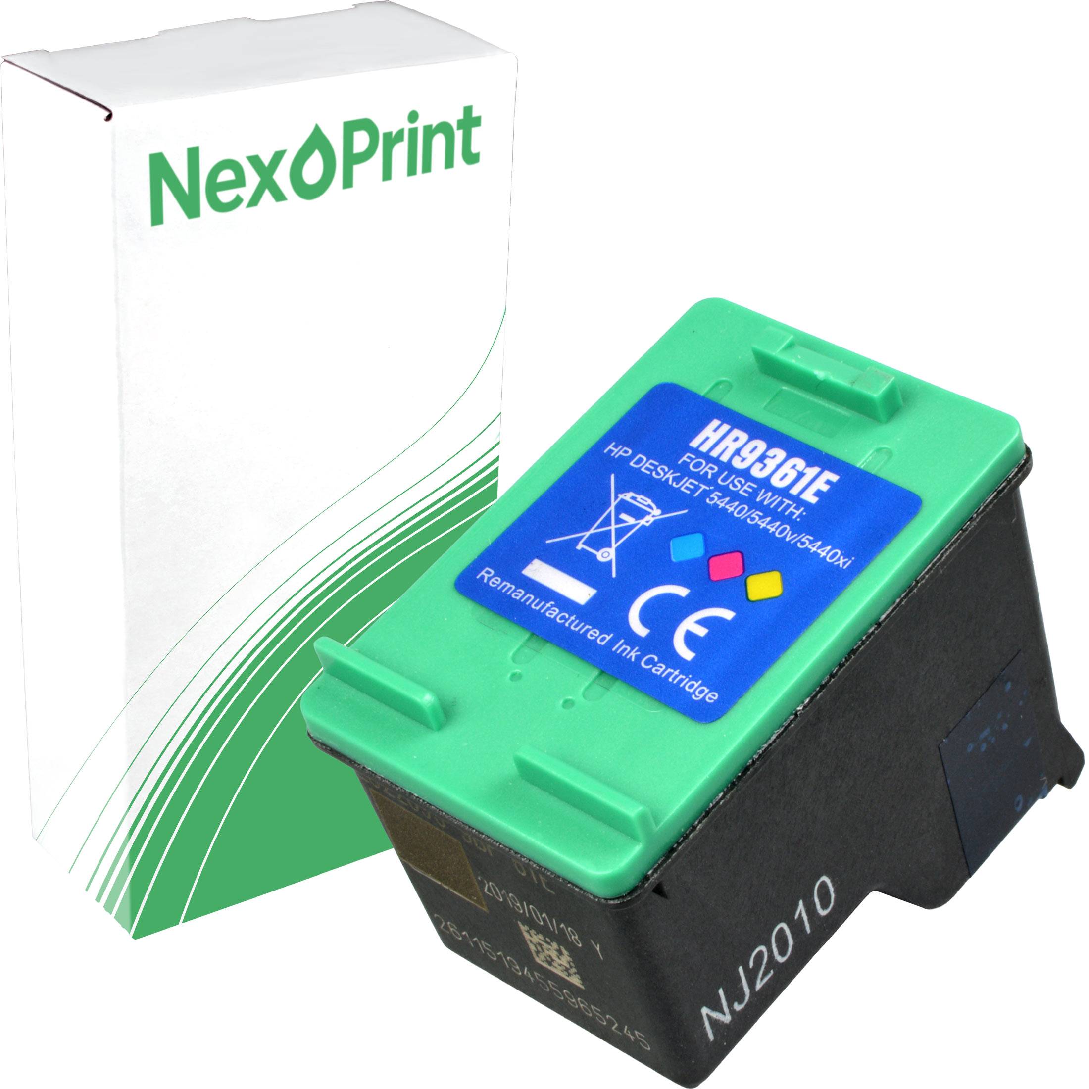 Verpackungskarton der Marke 'NexPrint' mit einer blauen und grünen 'NexPrint HR3611E' nachgefüllten Tintenpatrone im Vordergrund, gekennzeichnet für HP DeskJet.