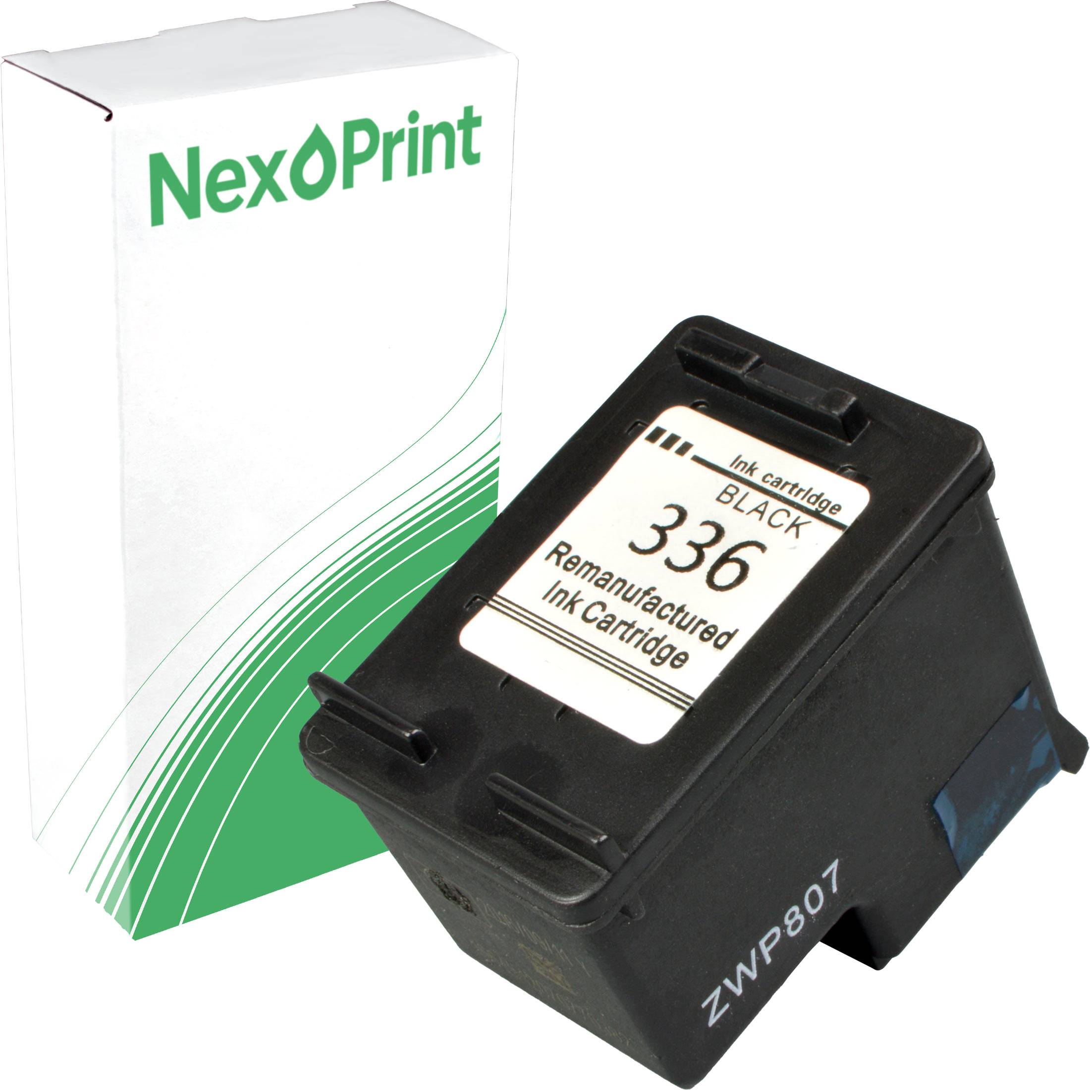Eine 'NexPrint'-markierte Tintenpatronenbox neben einer schwarzen Tintenpatrone mit der Aufschrift '336 Nachgefüllte Tintenpatrone ZWP807'.
