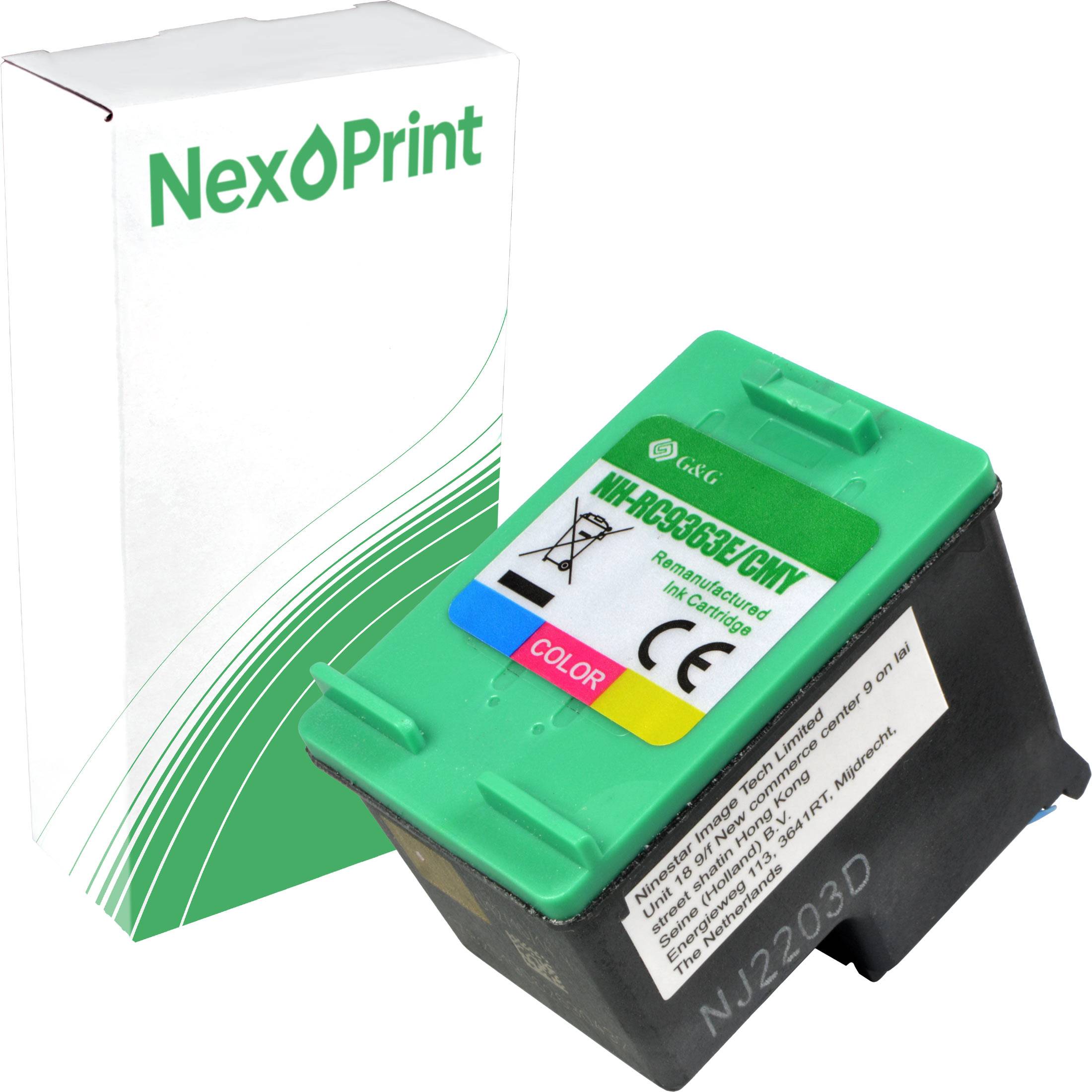 Druckerpatrone mit grünem Deckel, beschriftet mit 'HH-BC6566XJ', vor einer 'NexPrint' Markenverpackung positioniert.