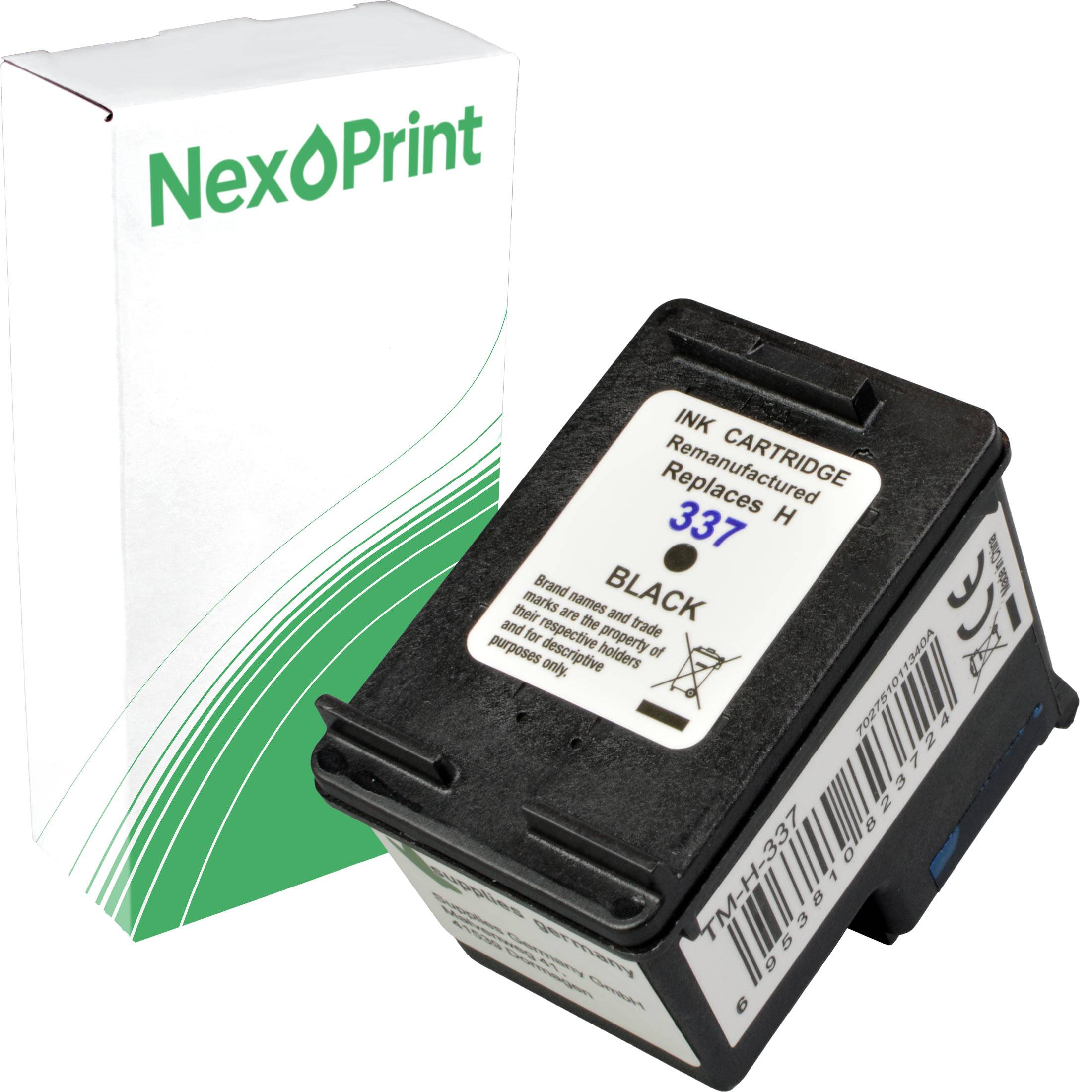 Tintenpatrone mit 'NexPrint' Verpackung, gekennzeichnet als regeneriert und ersetzt Modell 337, schwarze Farbe. Verpackung zeigt grüne Kurven.