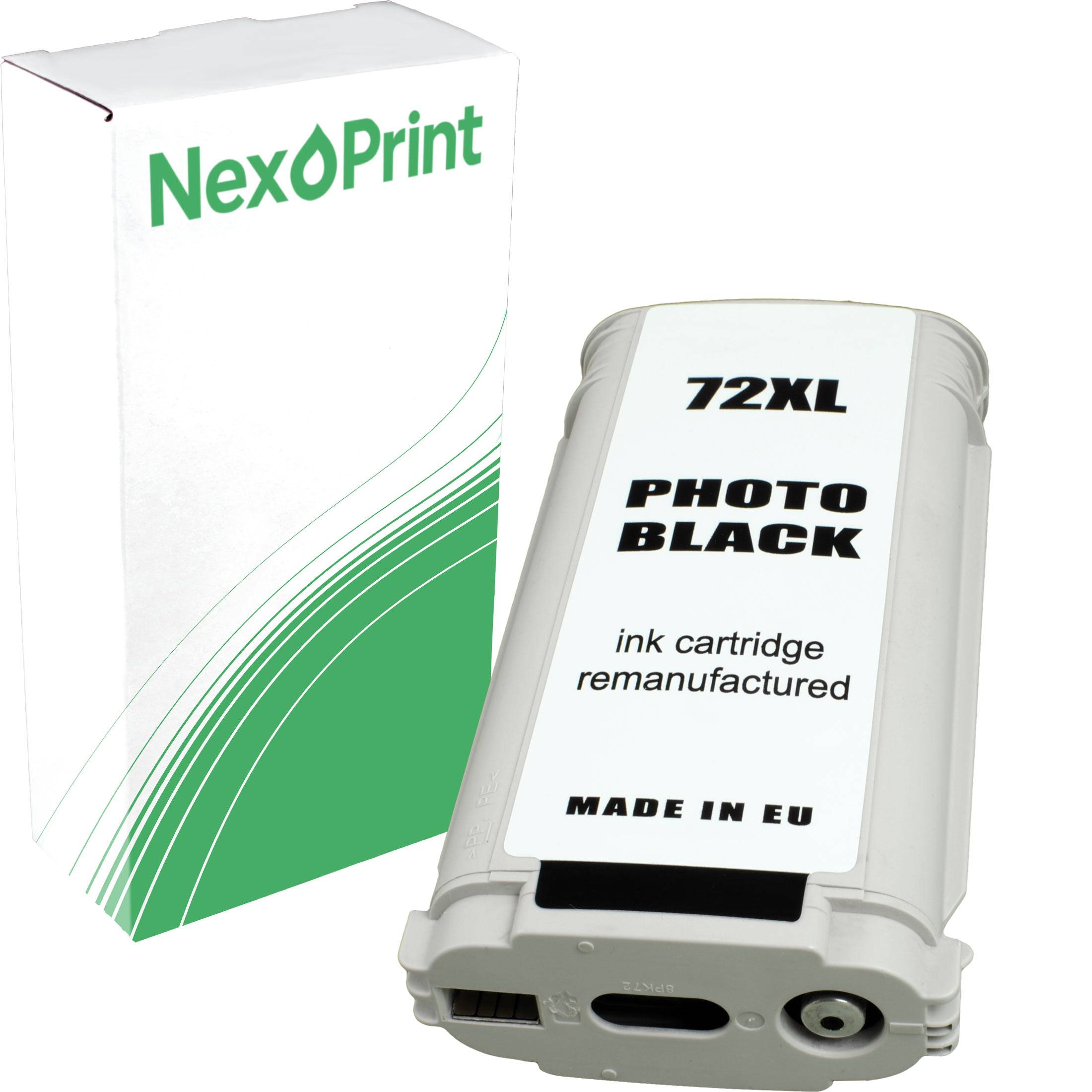 Aufbereitete Tintenpatrone 72XL FOTO SCHWARZ, Marke 'NexPrint', gezeigt mit Verpackung, gekennzeichnet mit 'HERGESTELLT IN DER EU'.