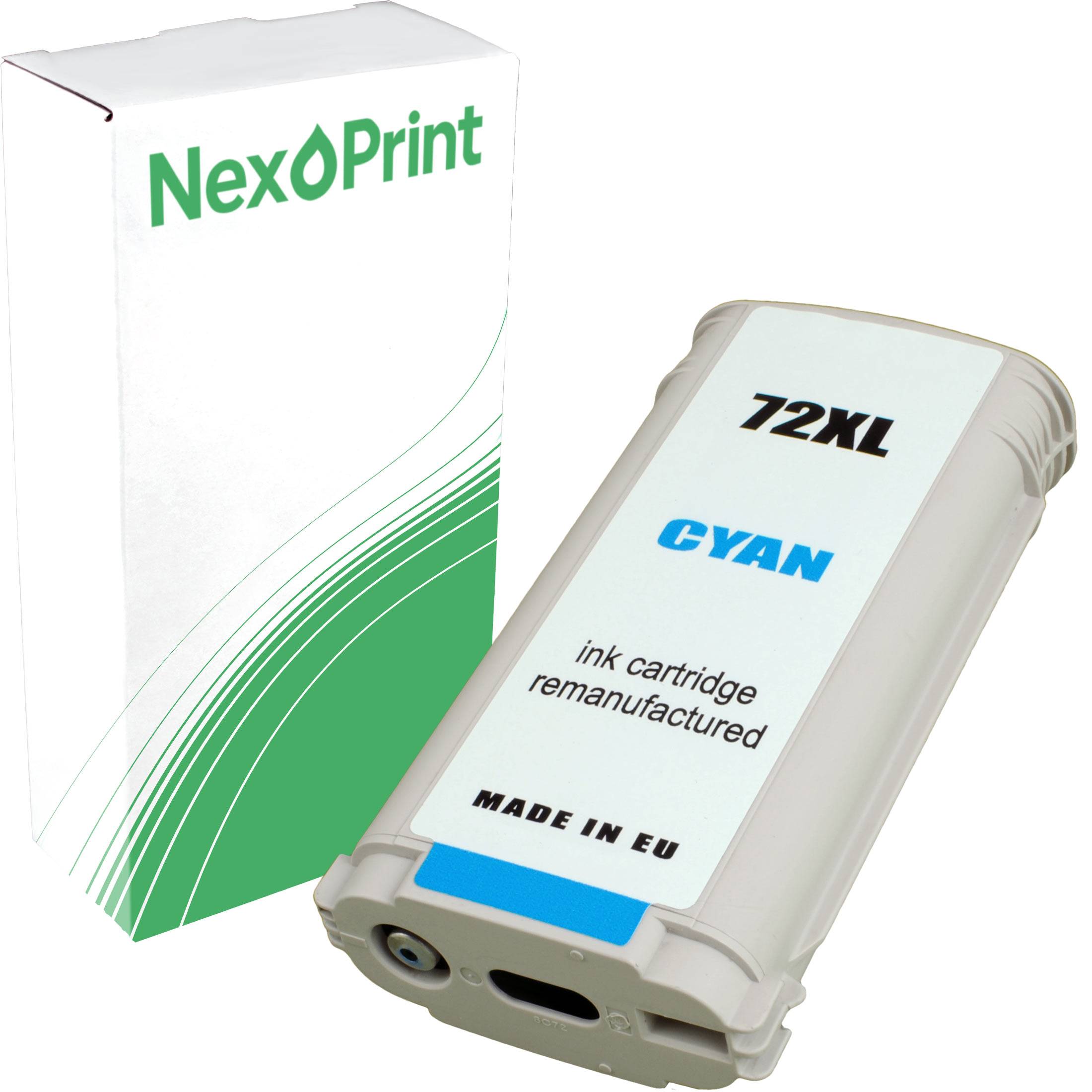 Aufbereitete Cyan 72XL Tintenpatrone von NexPrint, hergestellt in der EU. Box und Patrone sind im Bild zu sehen.
