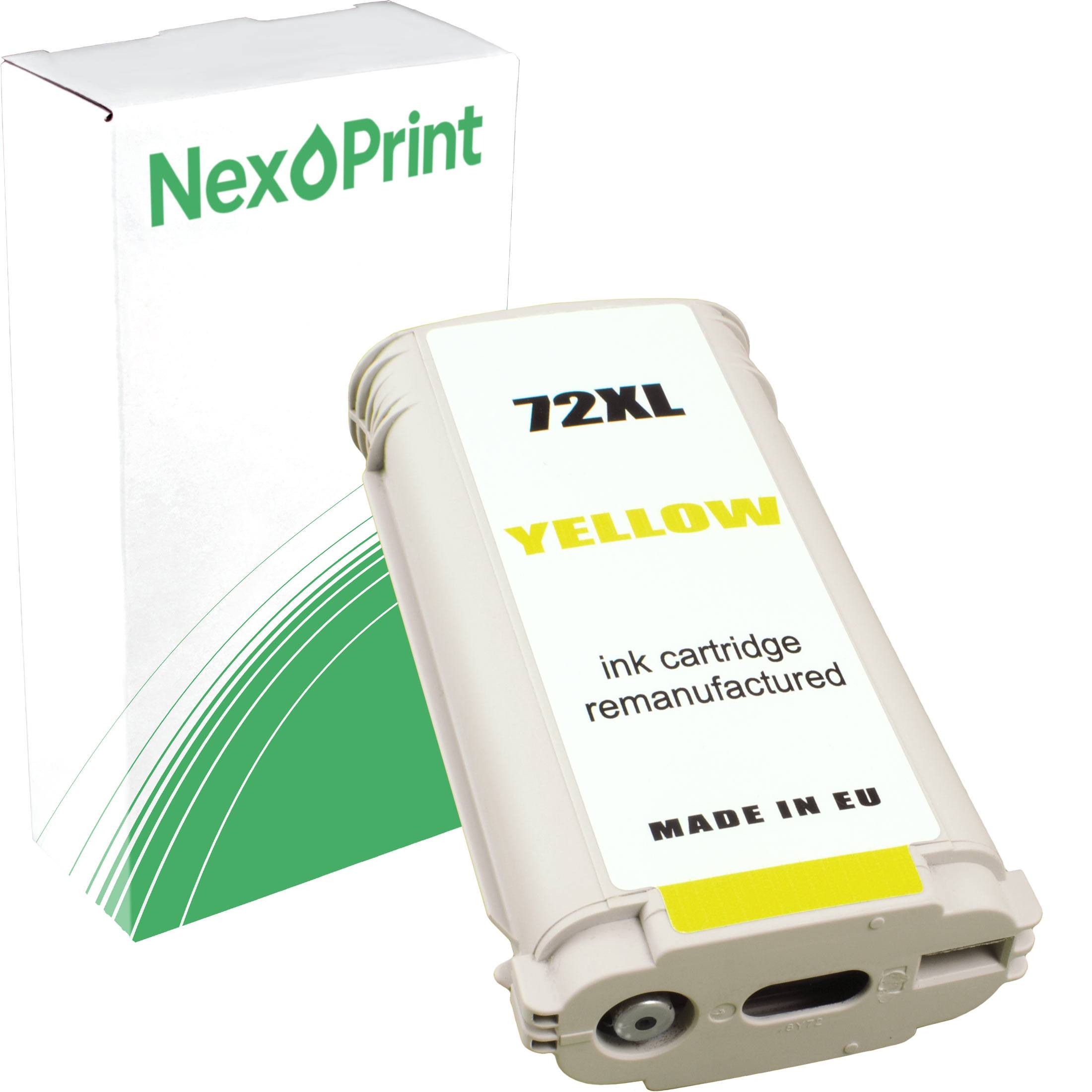Eine 'NexPrint' Verpackung mit einer gelben '72XL' wiederaufbereiteten Tintenpatrone, auf der prominent 'Made in EU' gekennzeichnet ist.