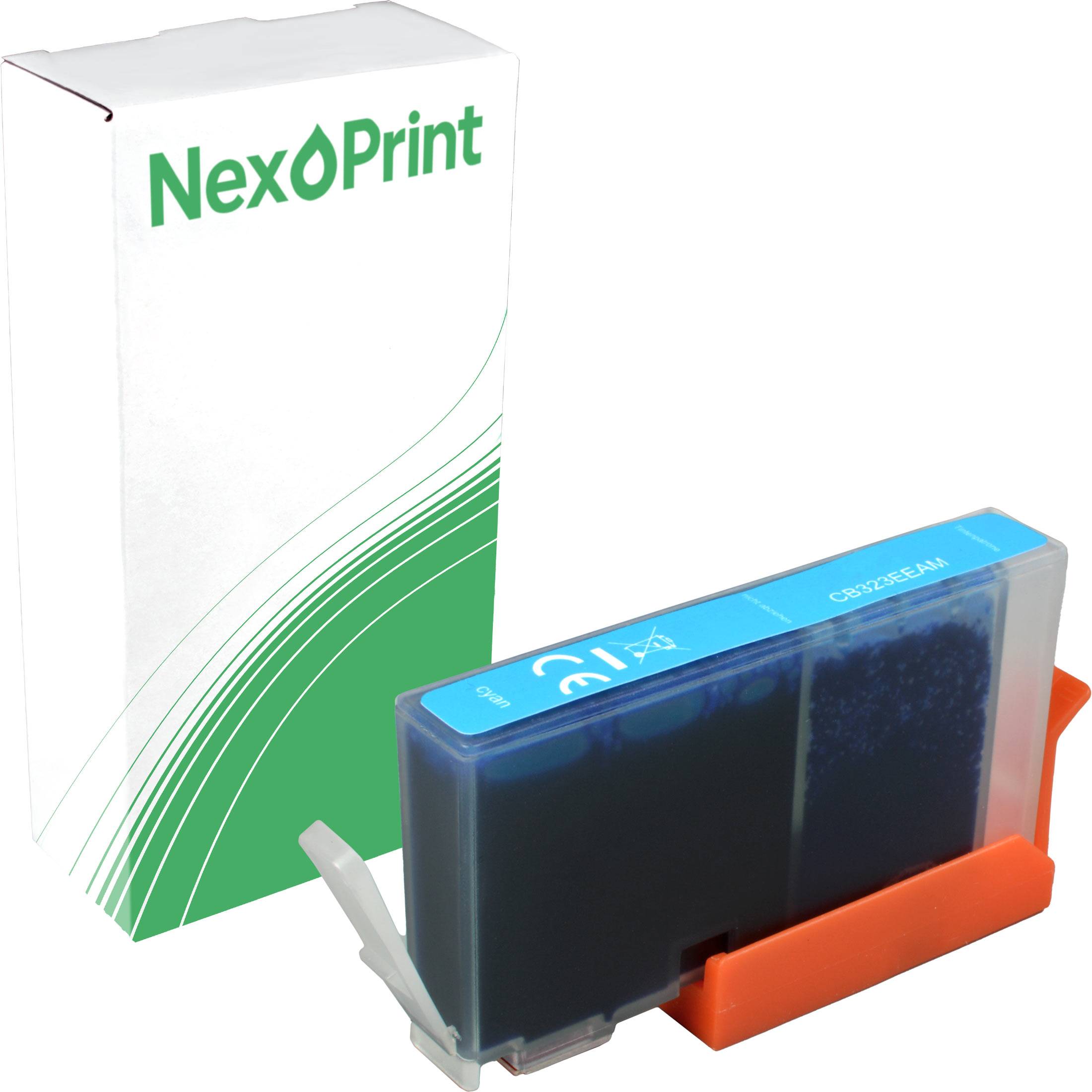 Ein 'NexPrint' Tintenpatrone in Verpackung, mit einem blauen Abschnitt und orangefarbenem Griff, bereit zur Verwendung oder zum Austausch.