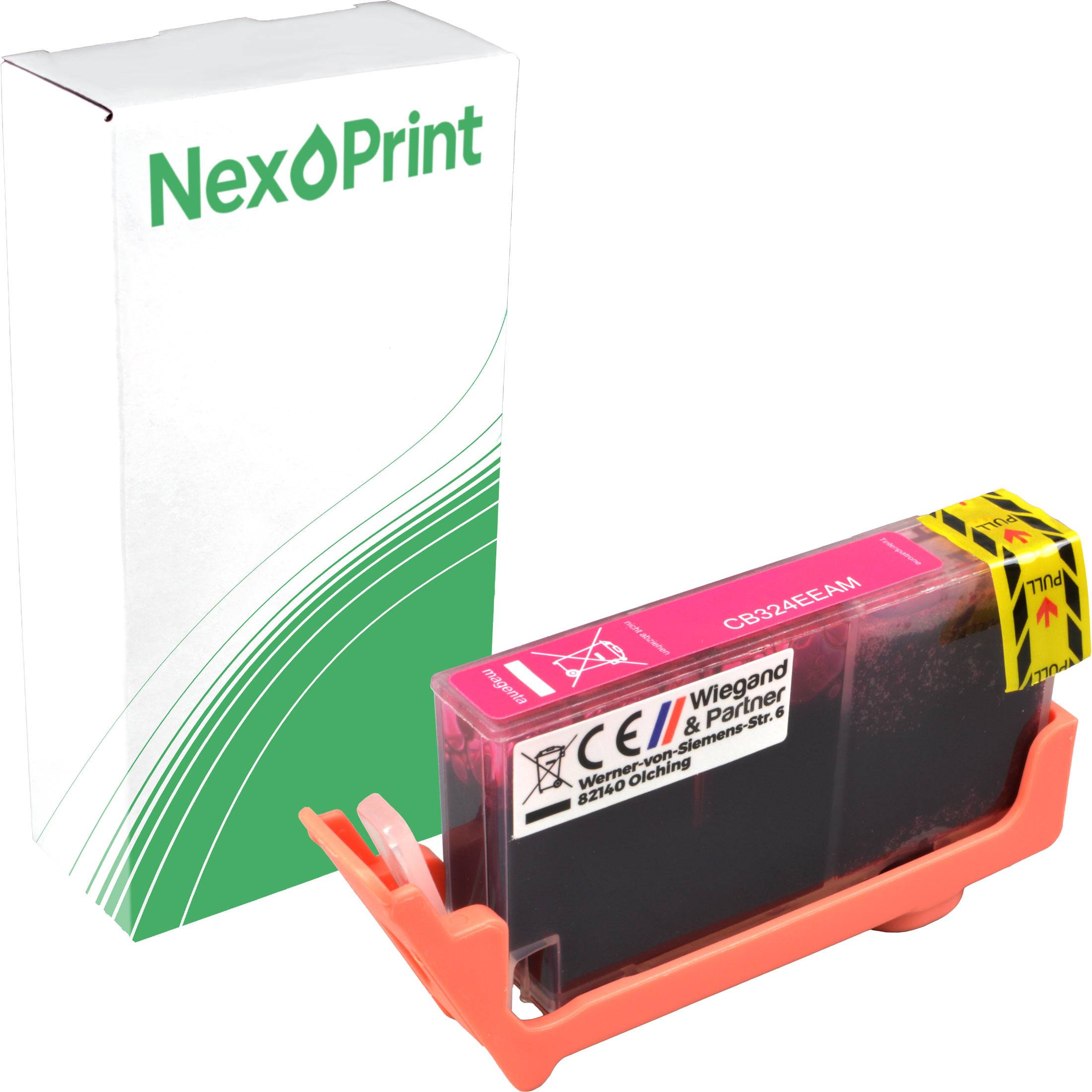 NexoPrint' Tintenpatrone in Karton und Patrone gezeigt. Patrone enthält 'Wiegand & Partner', 'Seminar Set', CE-Kennzeichnungen und Verpackungsdetails.