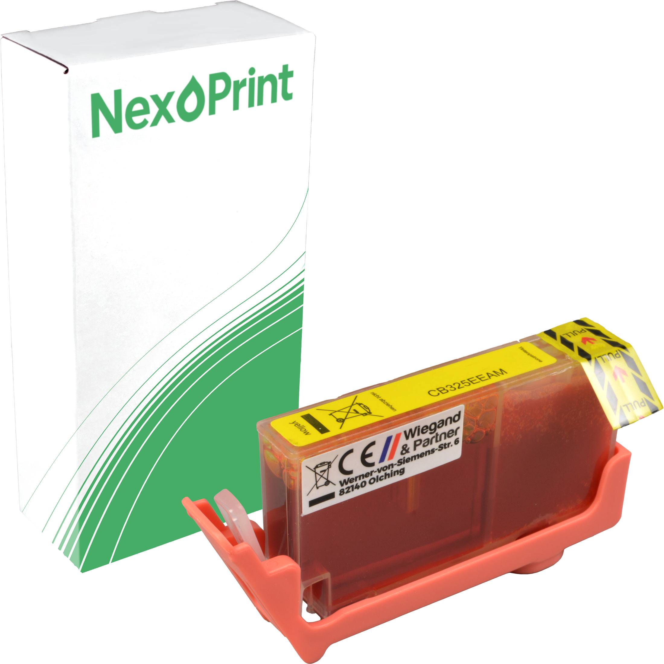 Tintenpatrone für NexPrint-Drucker, daneben die Produktverpackung. Patrone ist mit C9723EE gekennzeichnet und hat einen gelben Enddeckel.