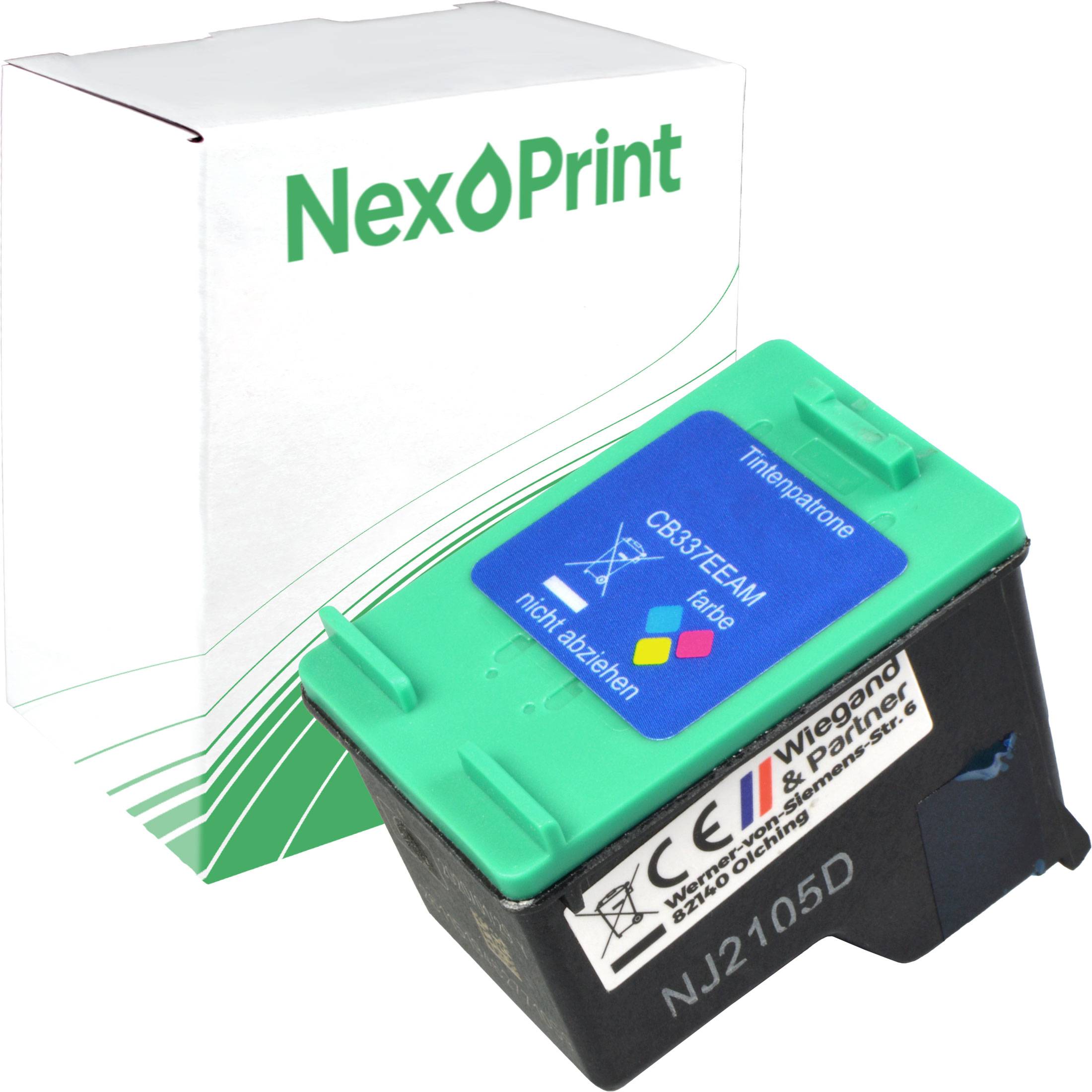 Eine Tintenpatrone der Marke 'NexoPrint' mit grünem Deckel, kompatibel mit der Modellreihe CB337EE, neben ihrer Verpackungsschachtel.