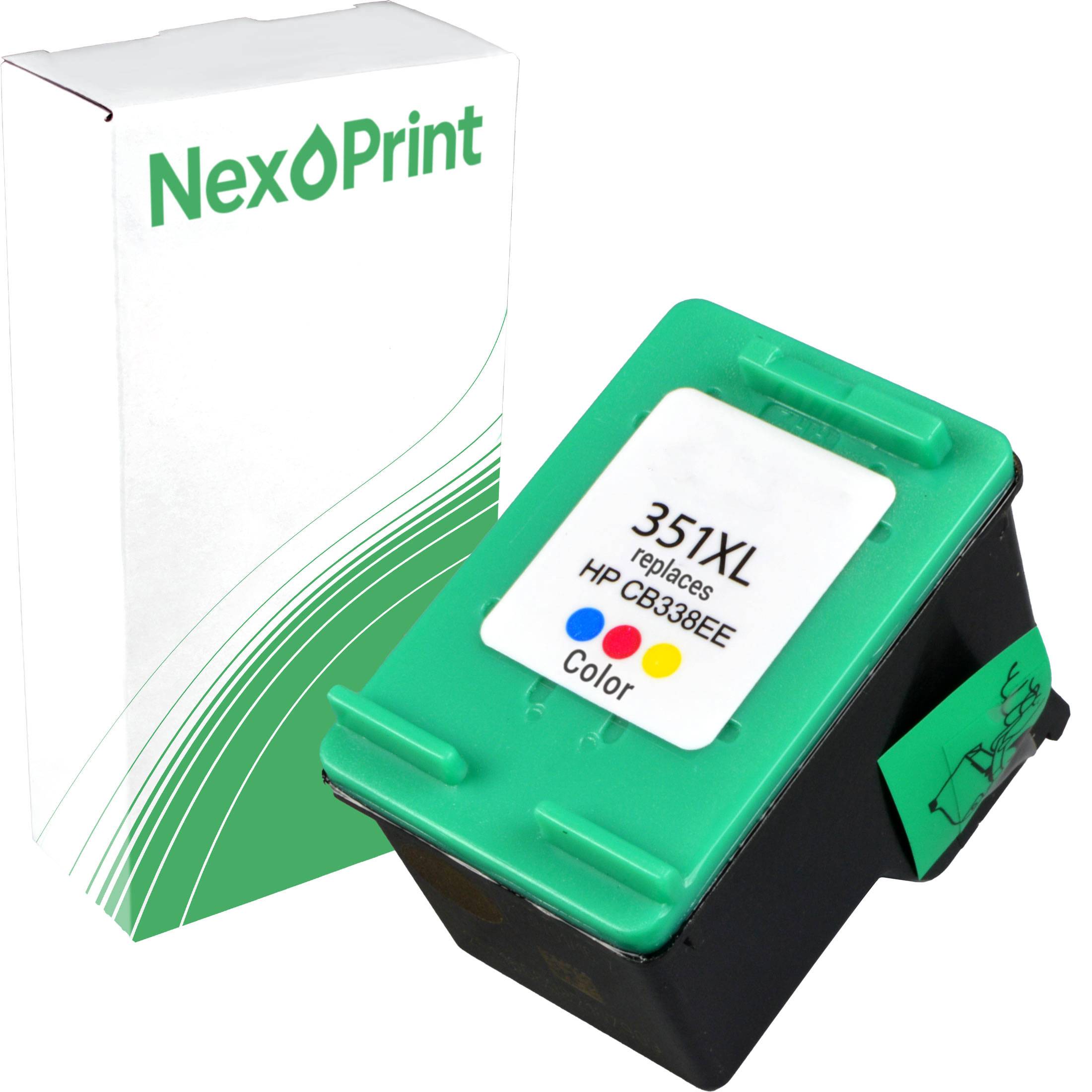 Tintenpatrone in Farbe mit Aufdruck '351XL ersetzt HP CB338EE' neben der Verpackungsschachtel von NexPrint.