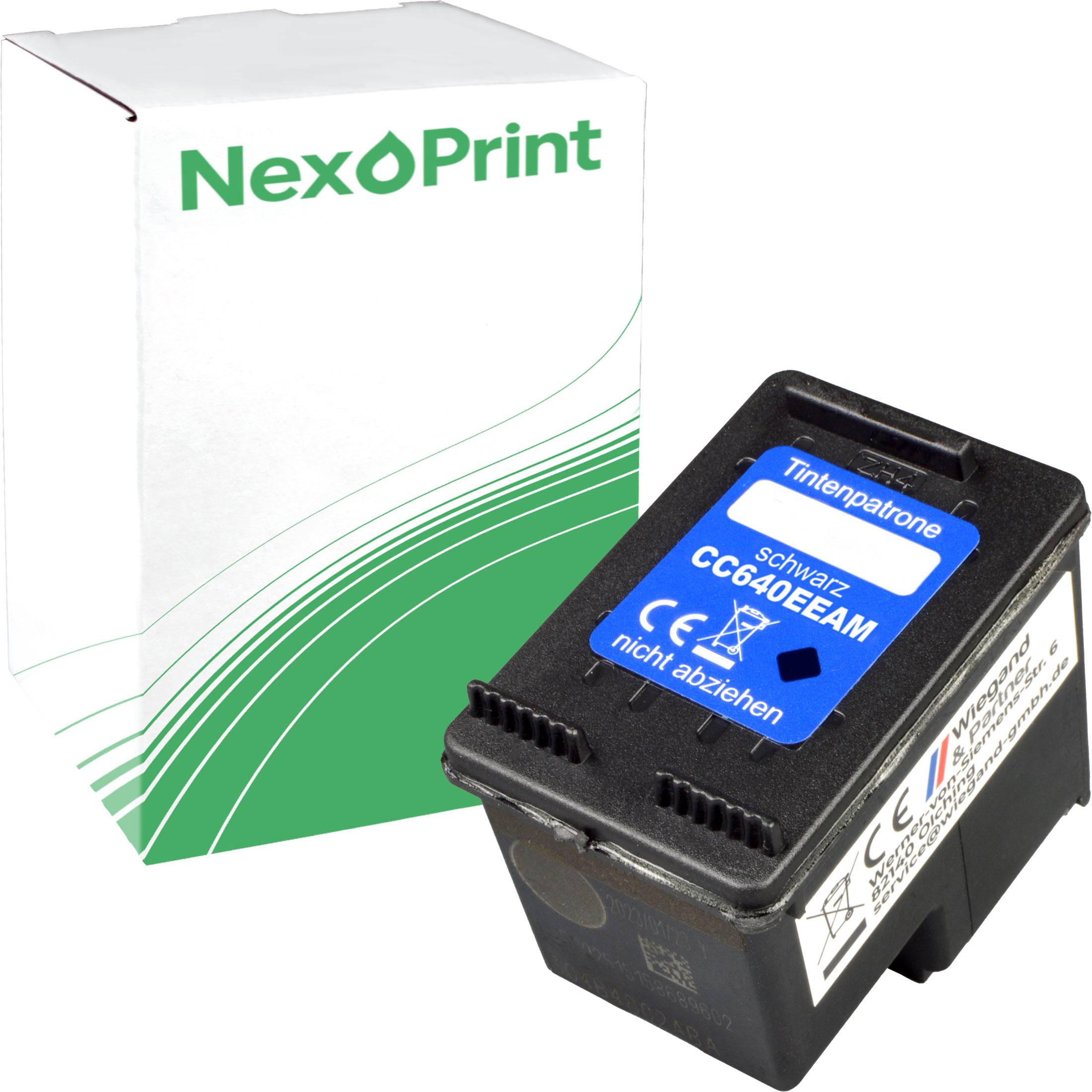 NexPrint Tintenpatrone Modell CC640EEAM in Schwarz, daneben seine Verpackungsbox mit Markenlogo und Designmerkmalen.