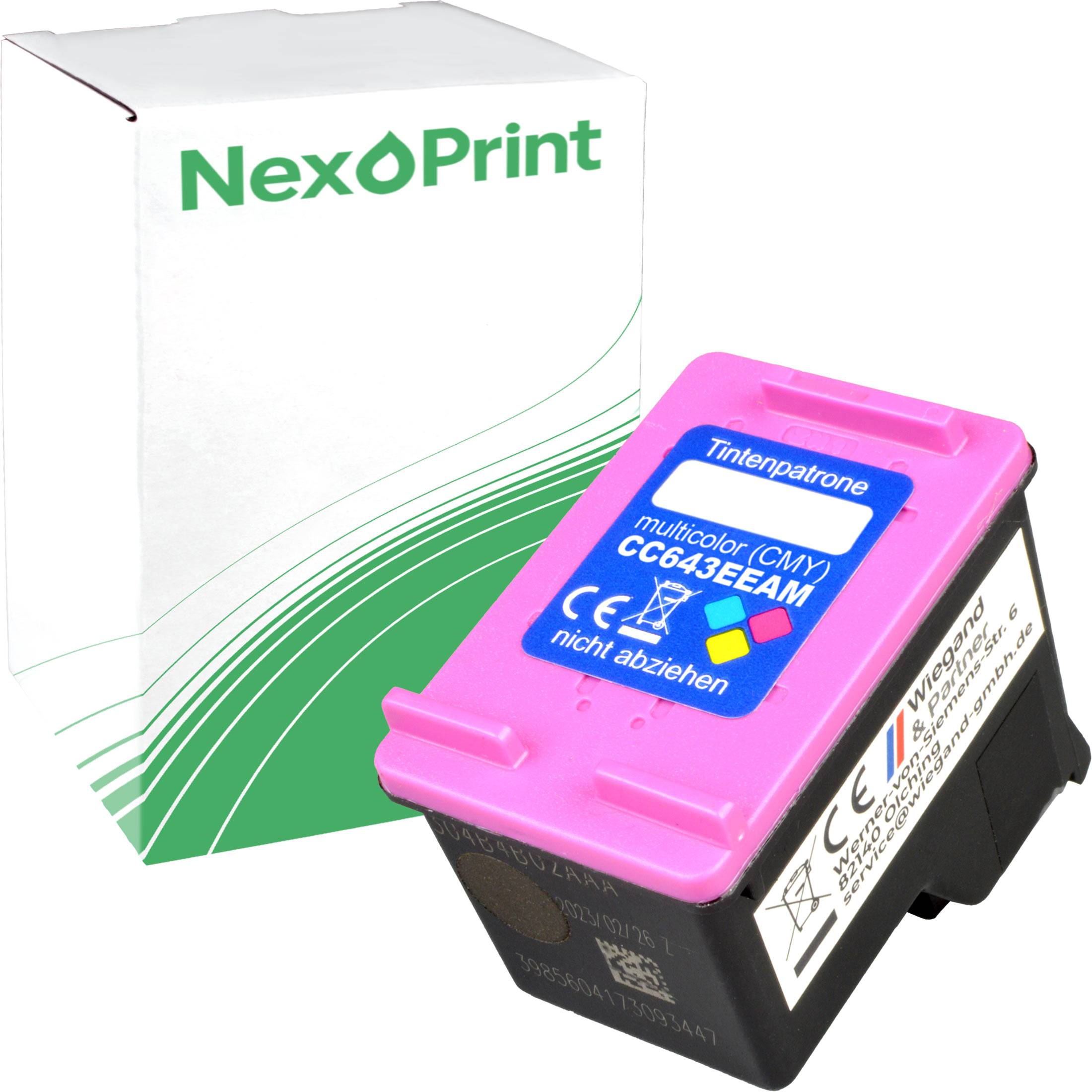 Bild einer NexPrint Mehrfarben-Tintenpatrone CC643EE mit rosa Deckel, neben ihrer Verpackung abgebildet, was Druckerzubehör andeutet.