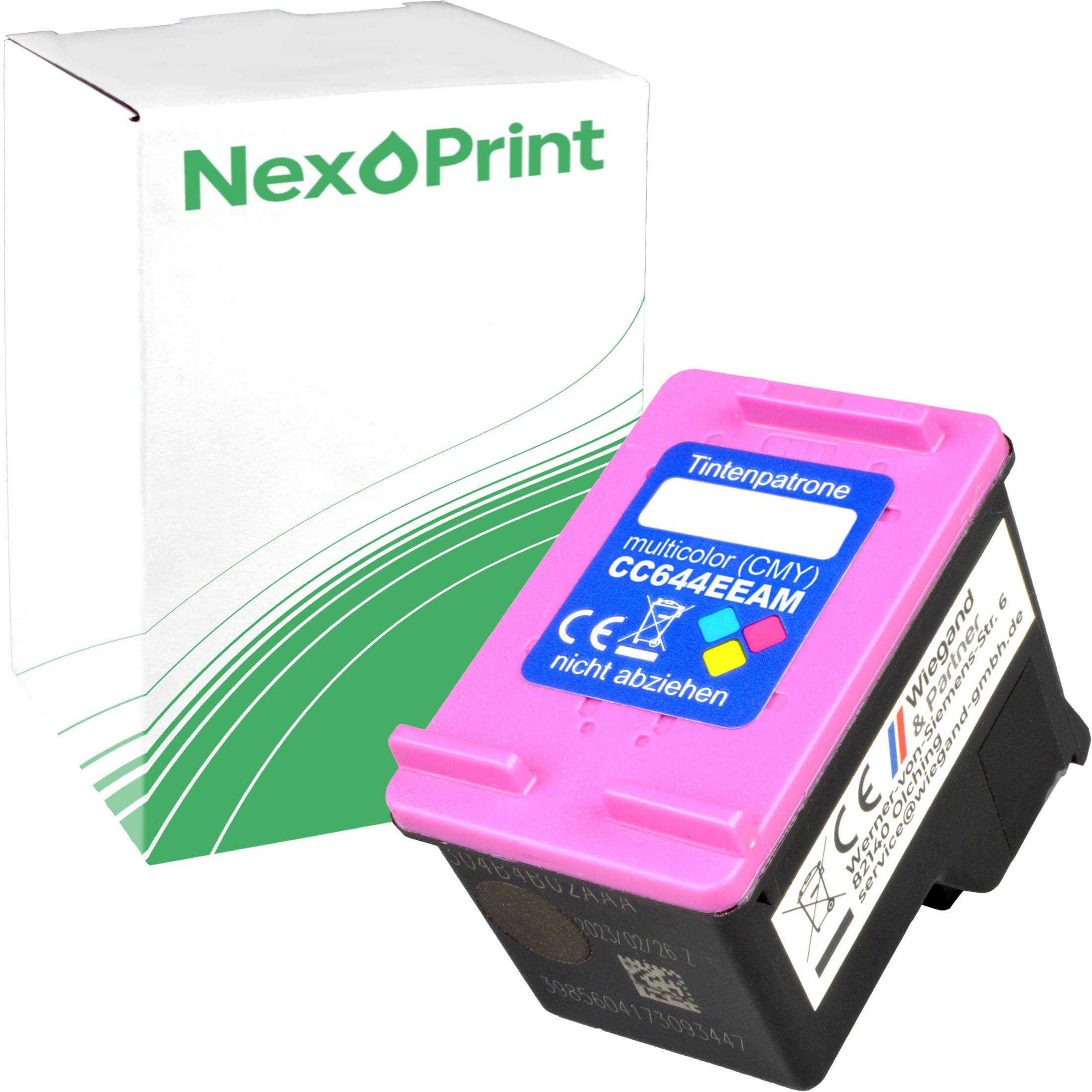 Bild einer NexPrint-Tintenpatrone mit magentafarbenem Deckel, beschriftet mit 'multicolor (CMY) CC644EEAM'. Ein weißer Kasten mit grünen Linien befindet sich im Hintergrund.
