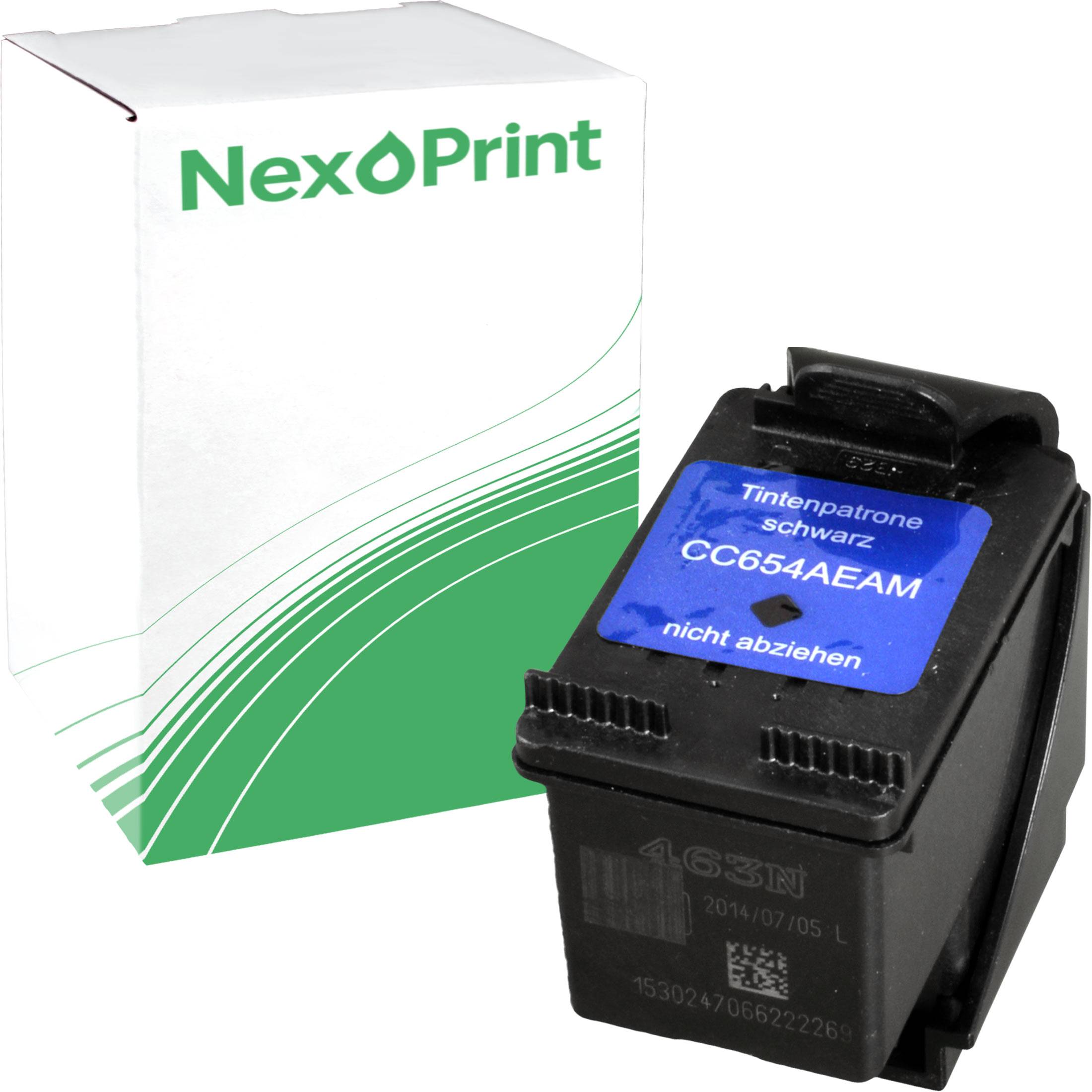 Schwarze Tintenpatrone CC654AEAM vor einer NexPrint-Verpackung mit grünem Muster.