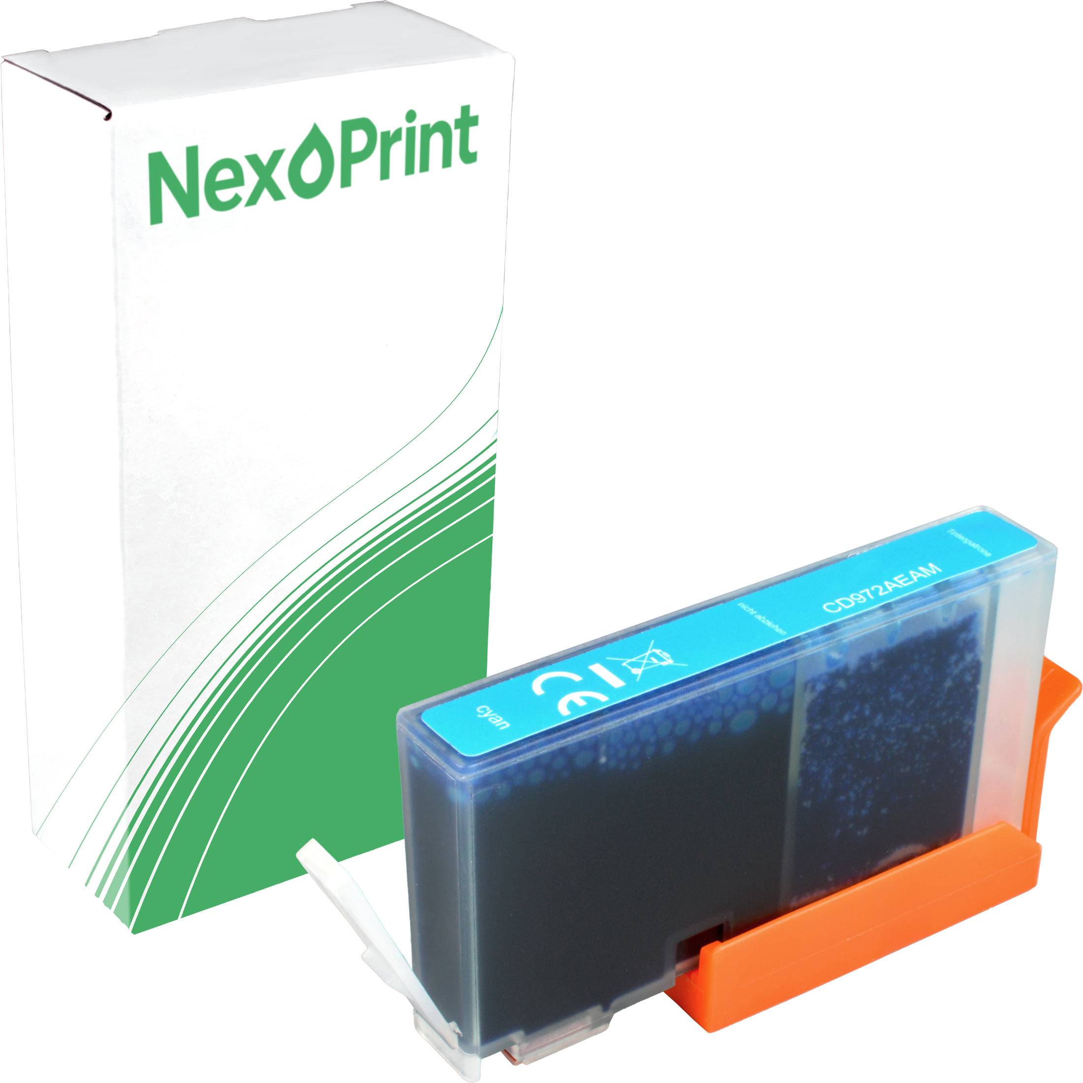 Tintenpatrone von NexPrint mit durchsichtigem blauen Gehäuse, das den Füllstand sichtbar macht, auf einem orangefarbenen Halter liegend; Karton im Hintergrund mit dem 'NexPrint' Logo.