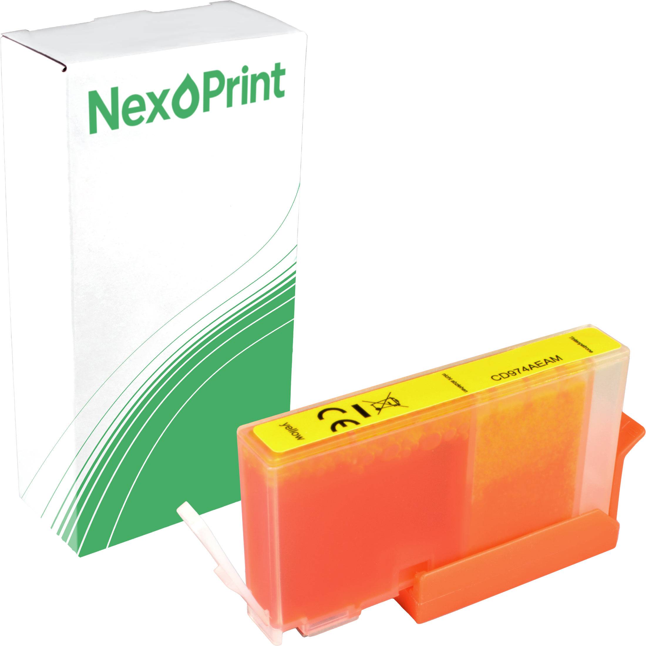 Tintenpatrone mit 'NexPrint'-Branding auf der Verpackung. Die Patrone ist orange mit einem gelben Etikett, das die Modellnummer anzeigt.