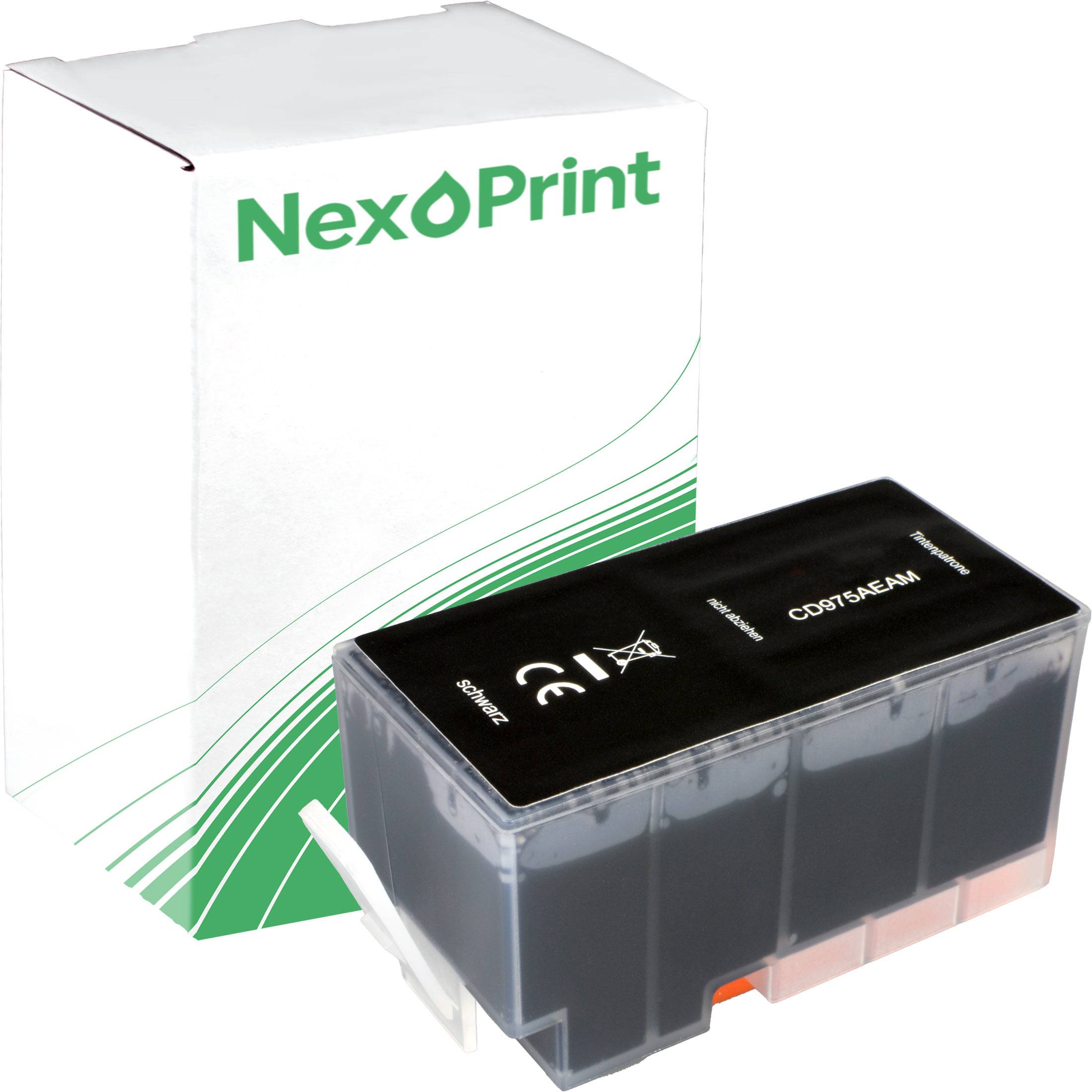 Tintenpatrone und Verpackung der Marke 'NexPrint'. Die Patrone ist schwarz und mit kompatiblen Druckermodellen sowie einem Tintenfüllstandsanzeiger beschriftet.