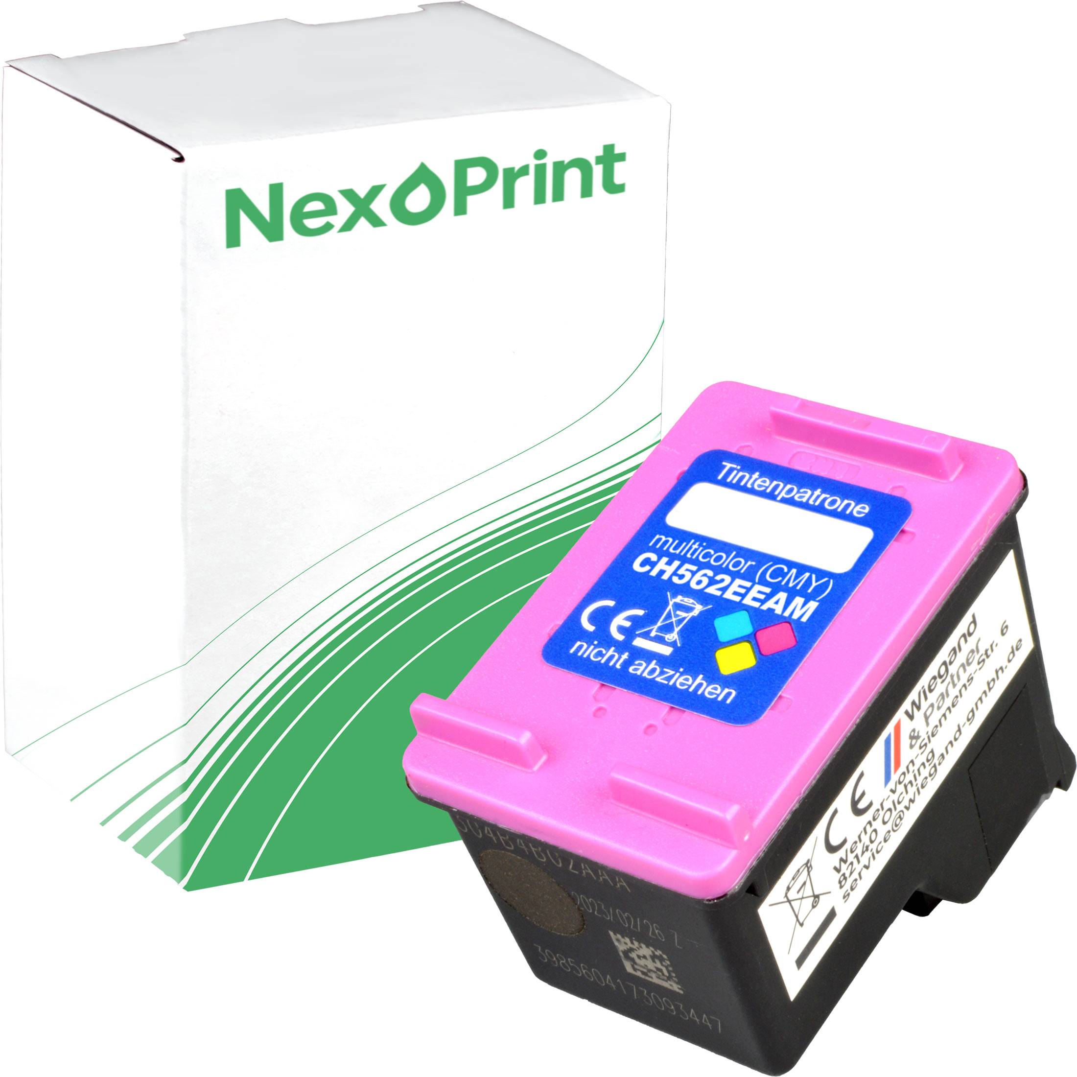 Eine magentafarbene NexPrint-Tintenpatrone für Drucker, gekennzeichnet mit 'Mehrfarbig (CMY) CH562EE'.