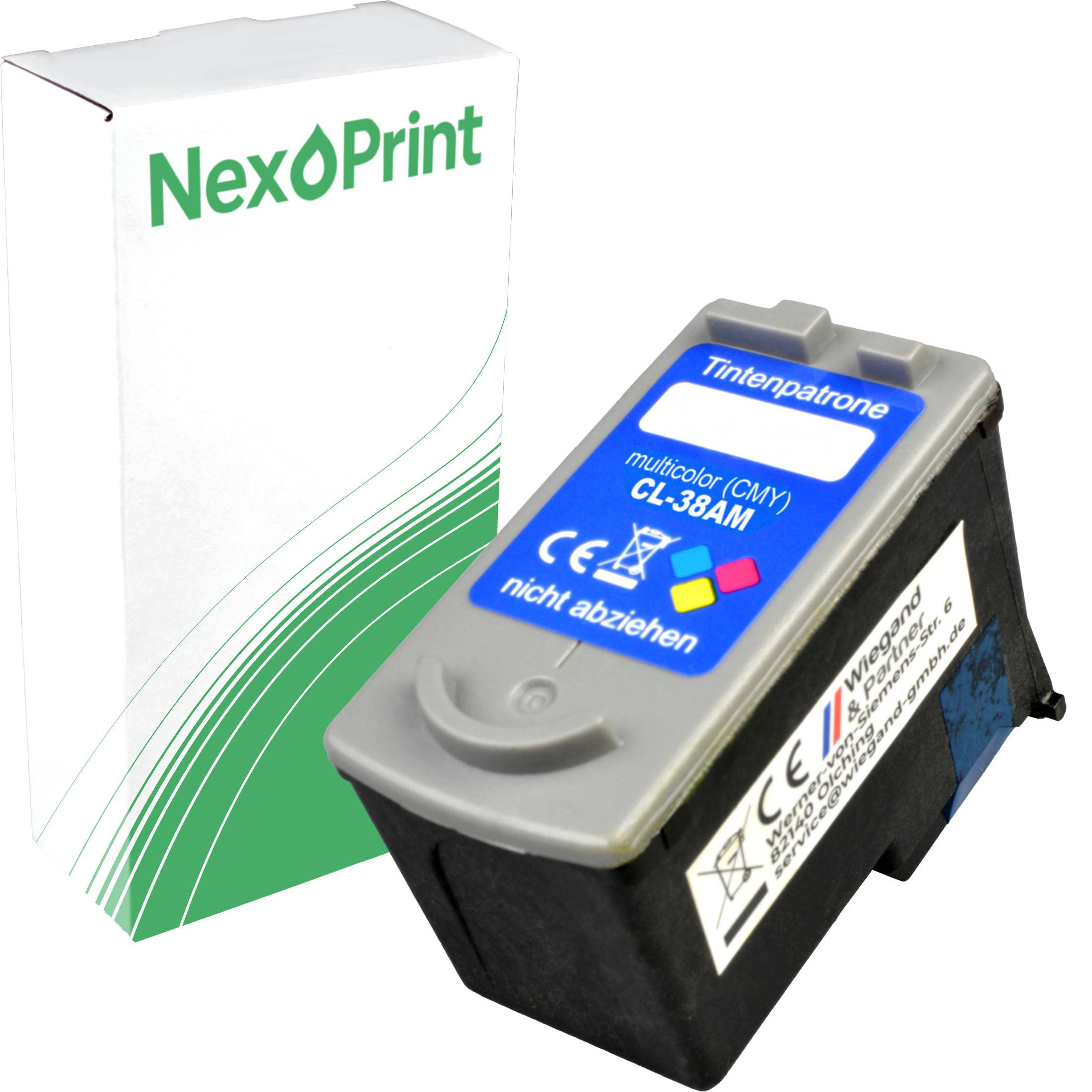 NexPrint Tintenpatrone in einer Verpackung mit grünen Streifen. Die Patrone ist mit 