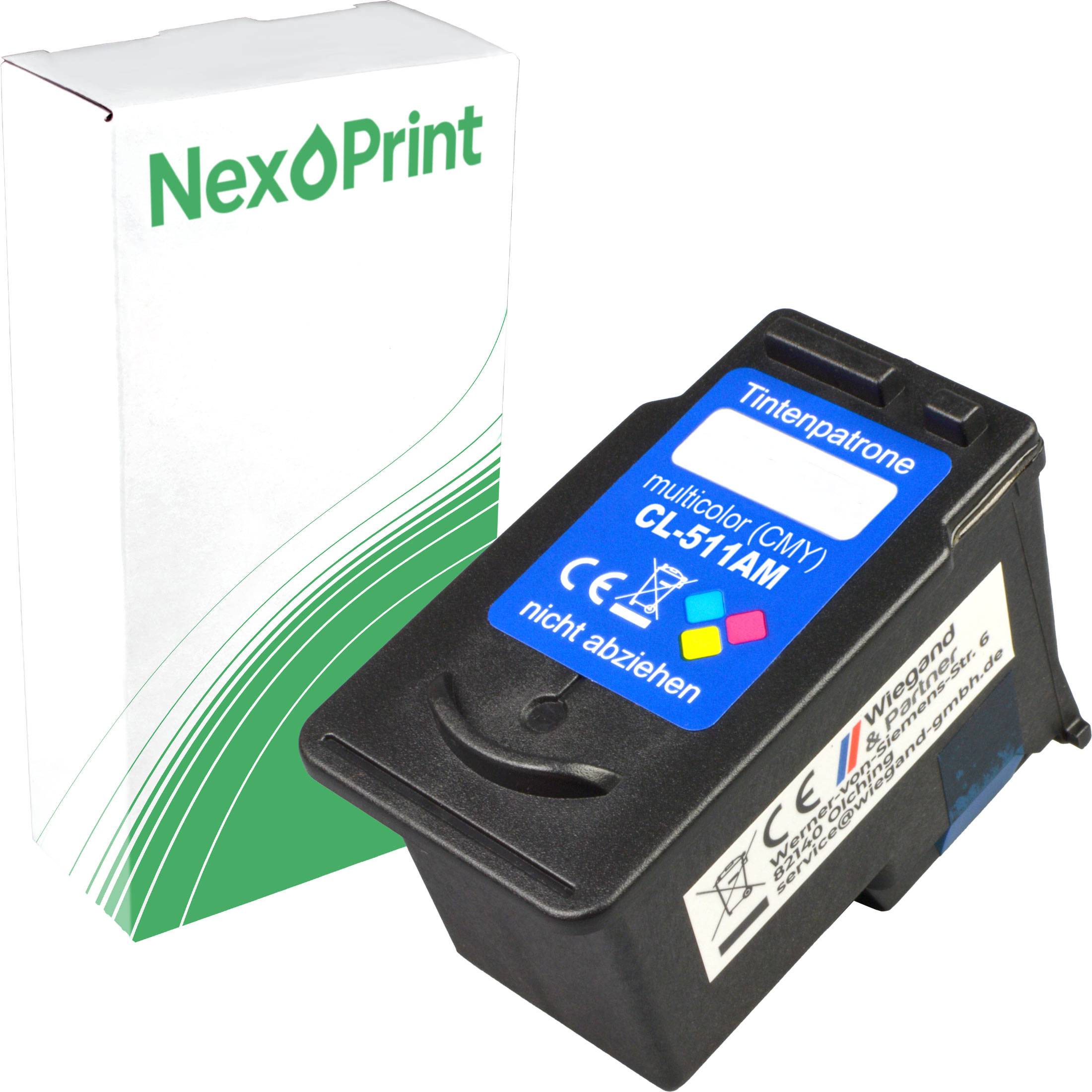 Mehrfarbige (CMY) Patrone CL-511AM neben einer schwarzen Patrone vor einer weißen NexPrint-Verpackung mit blauen und grünen Designelementen.