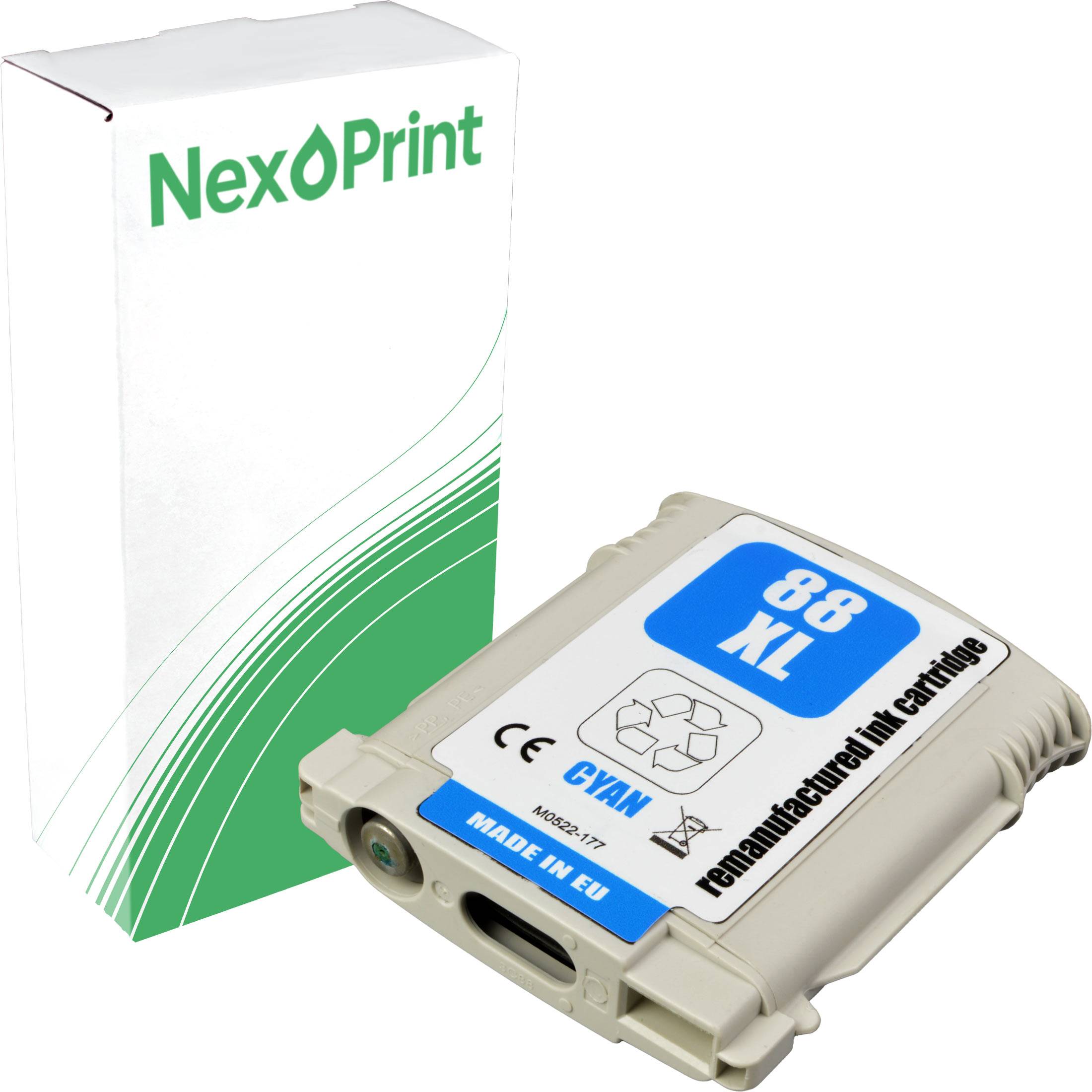 Bild einer NexPrint-Druckerpatronenbox und einer separaten Cyan-Druckerpatrone mit der Bezeichnung 88 XL. Auf der Patrone steht 'nachgefüllt' und 'hergestellt in der EU'.