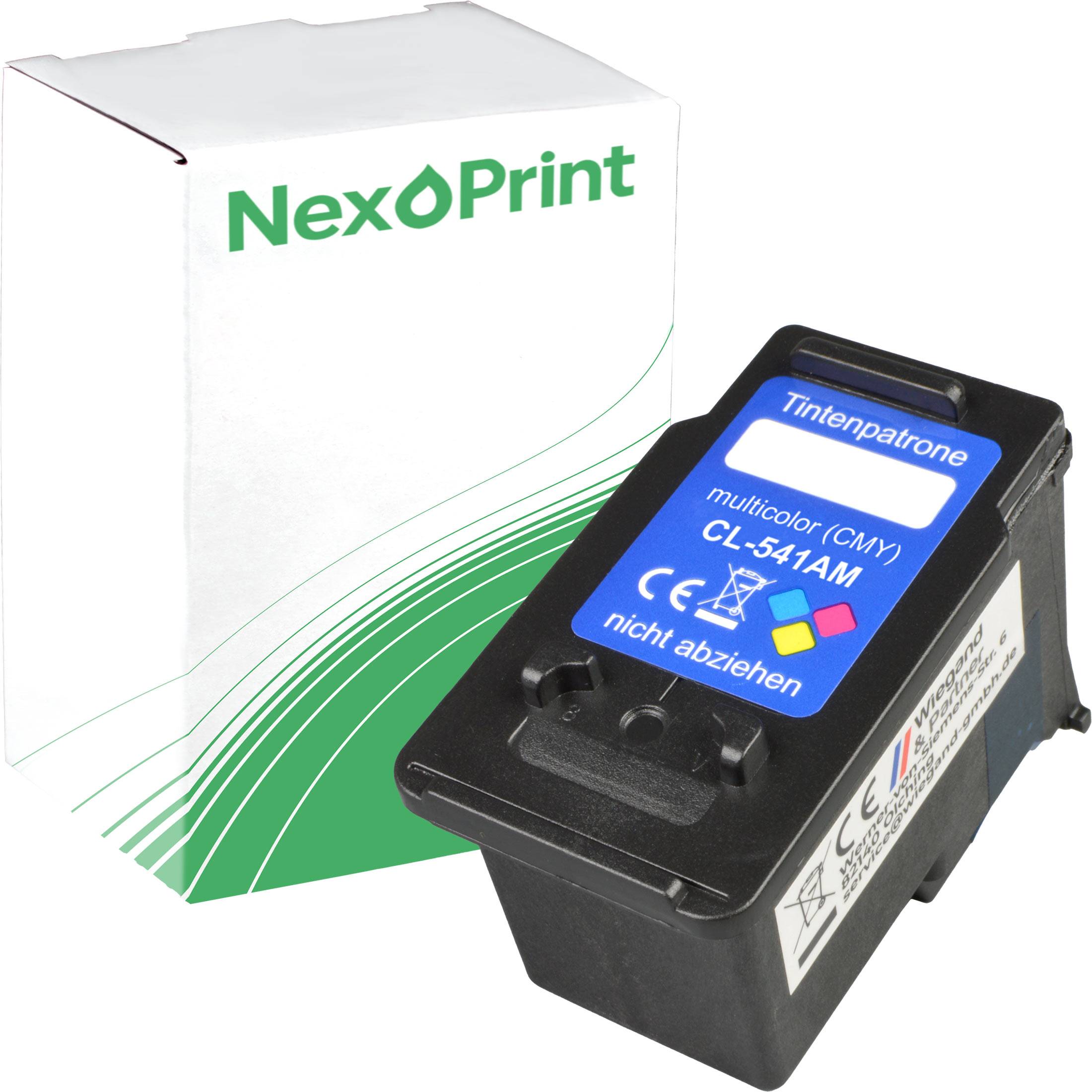 Das Bild zeigt eine NexPrint Mehrfarben-Tintenpatrone (CMY) vom Modell CL-541AM neben ihrer grüngestreiften Verpackung.