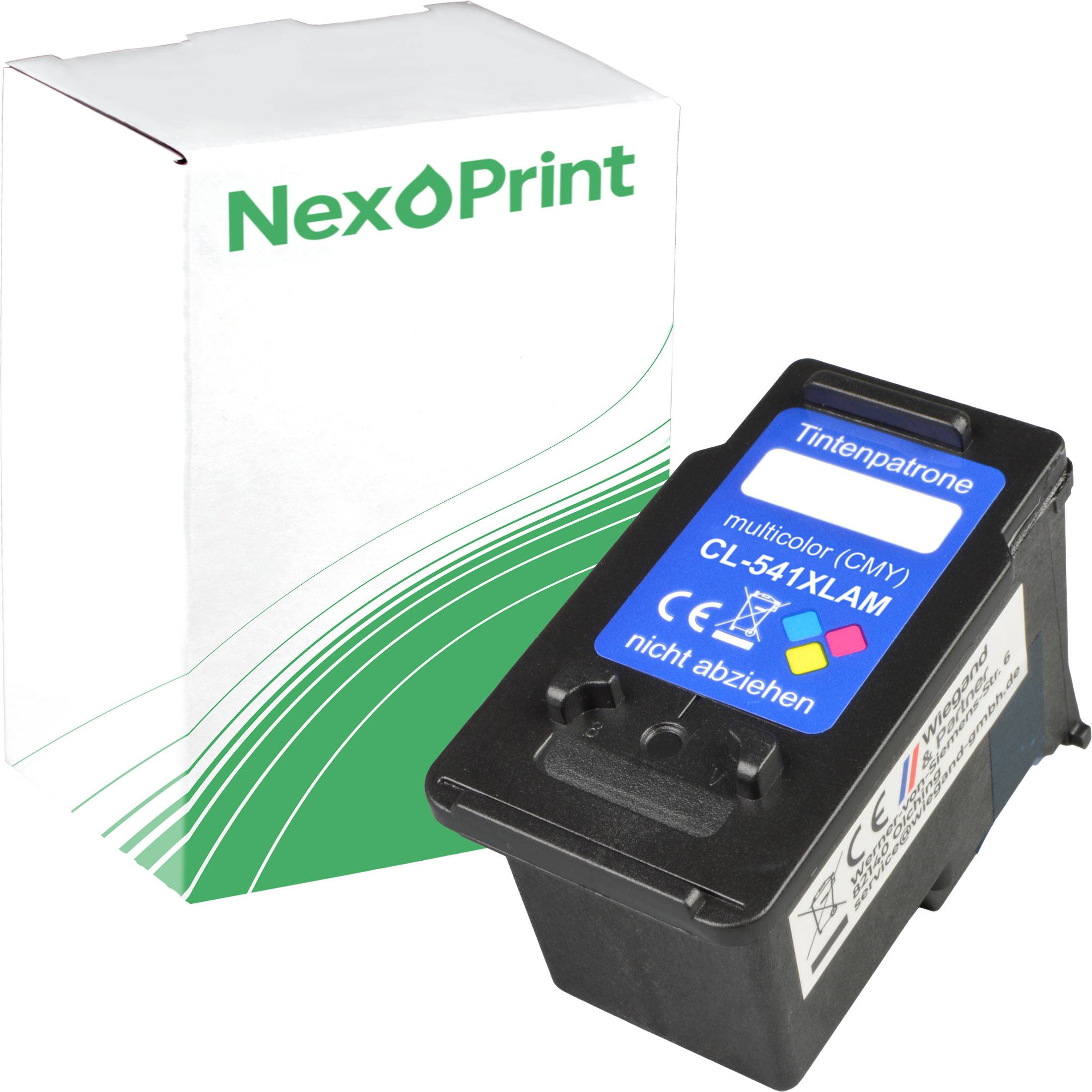 Das Bild zeigt eine NexPrint Tintenpatronenverpackung mit einer Mehrfarben- (CMY) Tintenpatrone daneben.