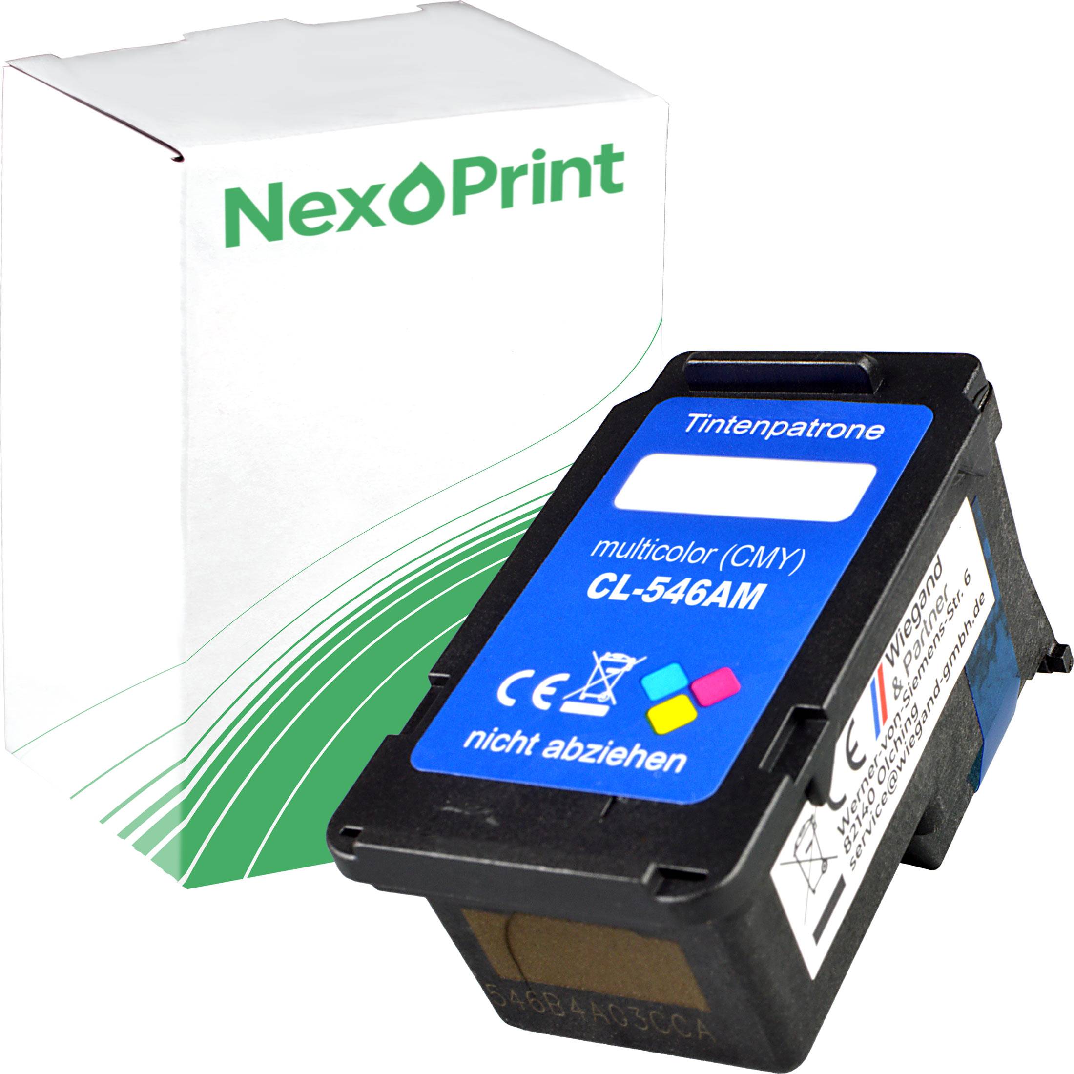 Druckerpatrone mit Tintenpatrone (CL-546A), gekennzeichnet als Mehrfarbig (CMY) von NexPrint, neben ihrer Verpackungsschachtel mit grün-weißem Design.