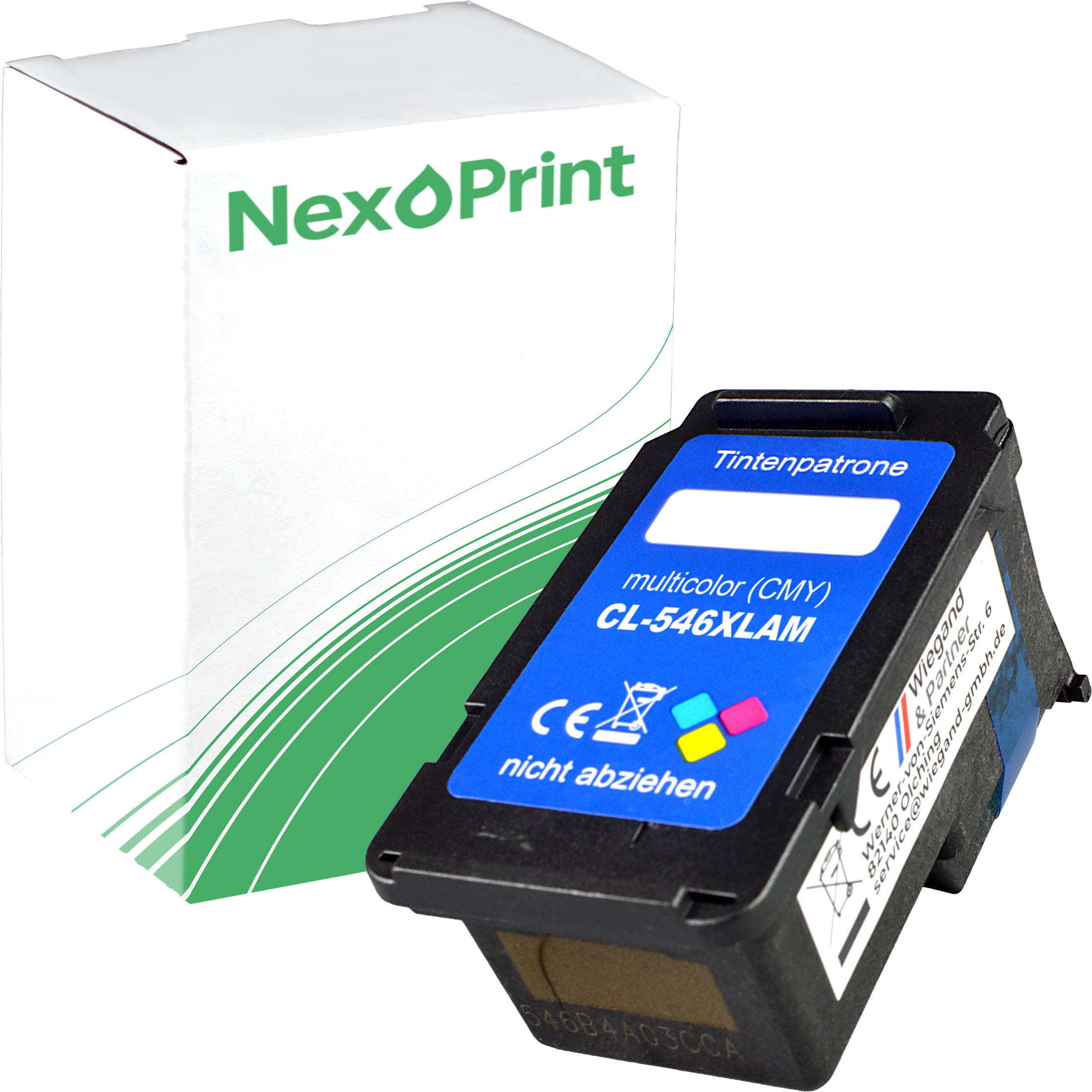 Das Bild zeigt eine NexPrint-Tintenpatrone mit Mehrfarbendruck, beschriftet mit 'CL-546XLAM' in einer weiß-grünen Verpackung.