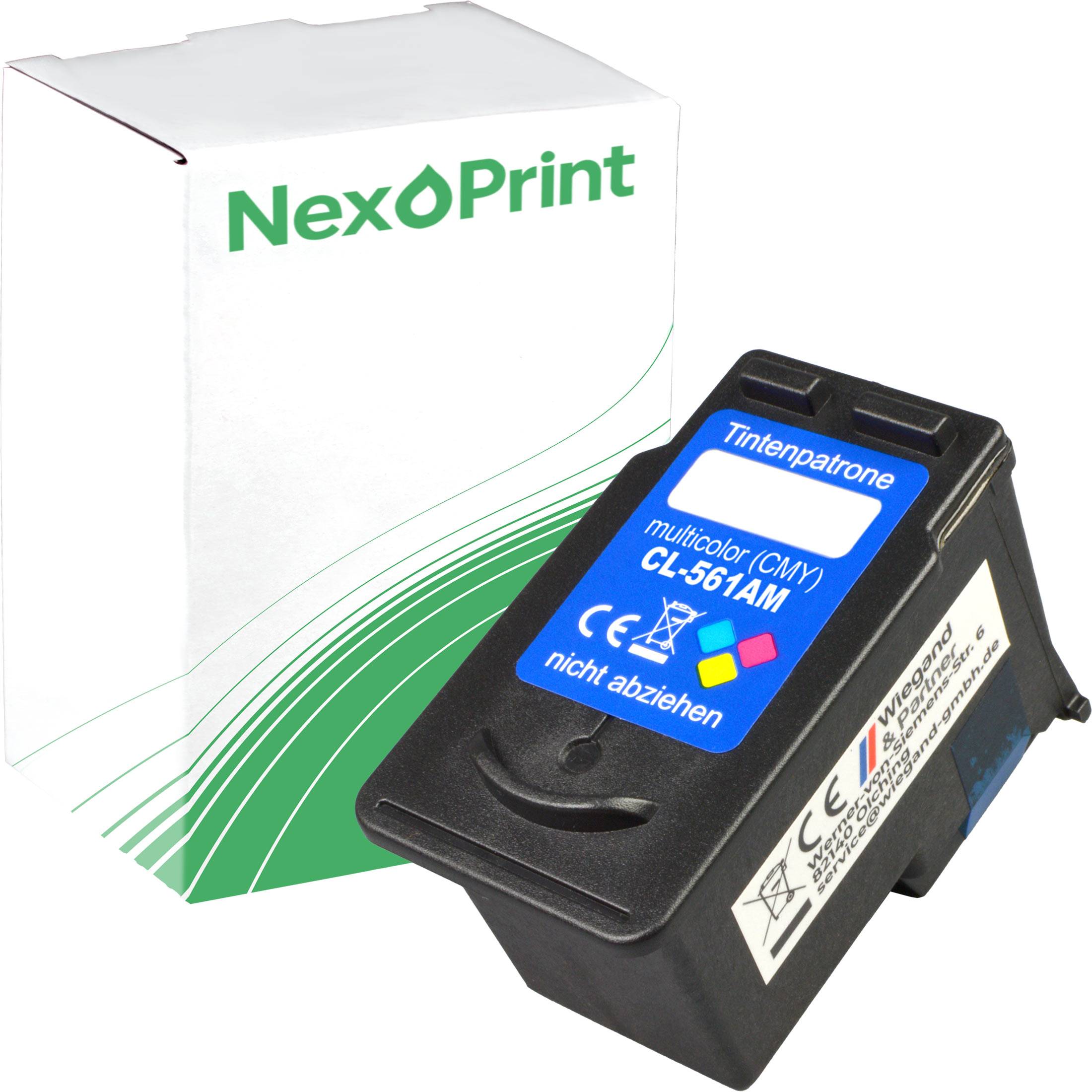 Eine Tintenpatrone in Farbe mit der Aufschrift 'Tintenpatrone multicolor (CMY) CL-561AM', die vor einer weißen NexPrint-Schachtel mit grünen Akzenten platziert ist.